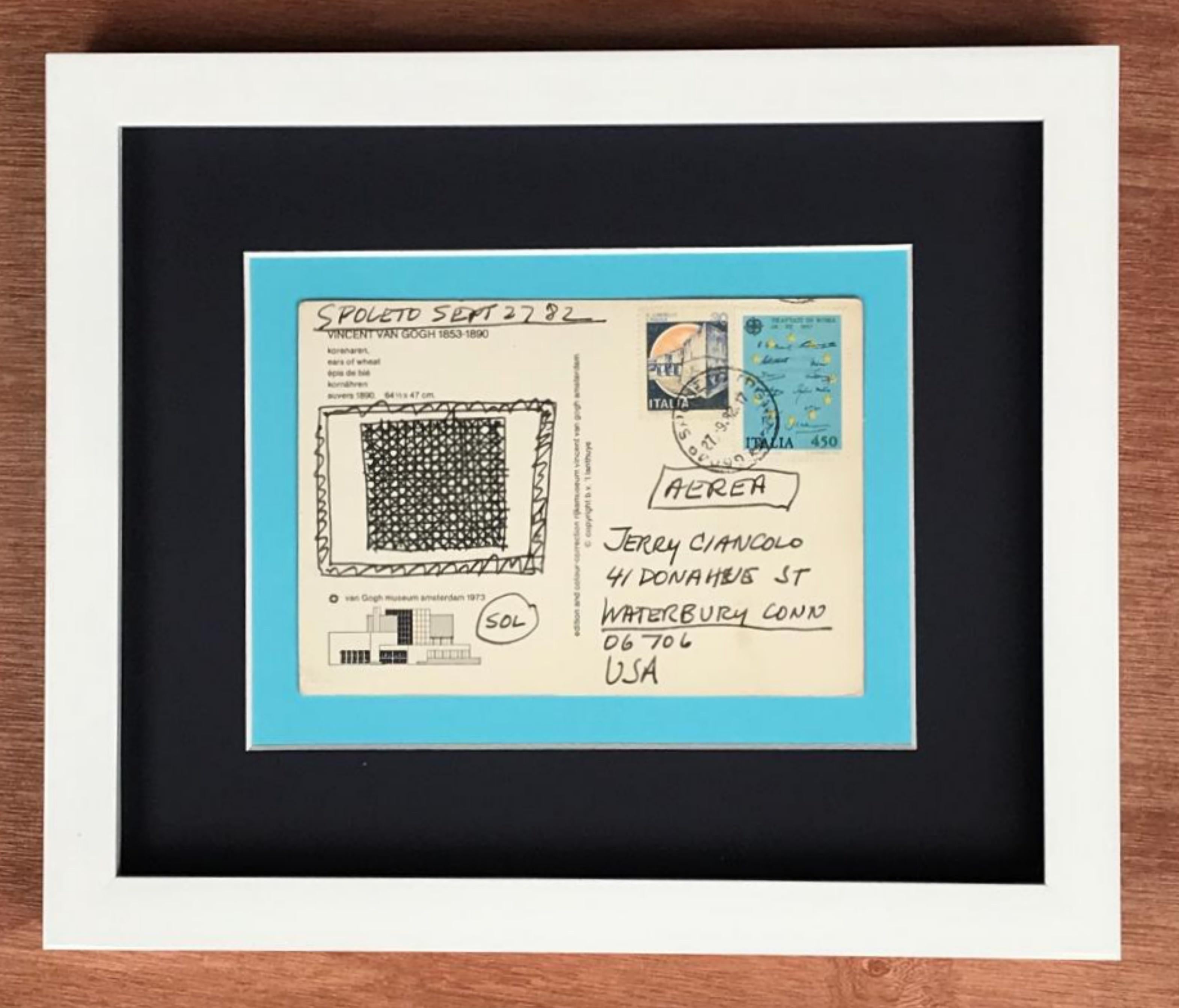 Unique drawing Geometric Abstraction on postcard conceptual art (hand signed)