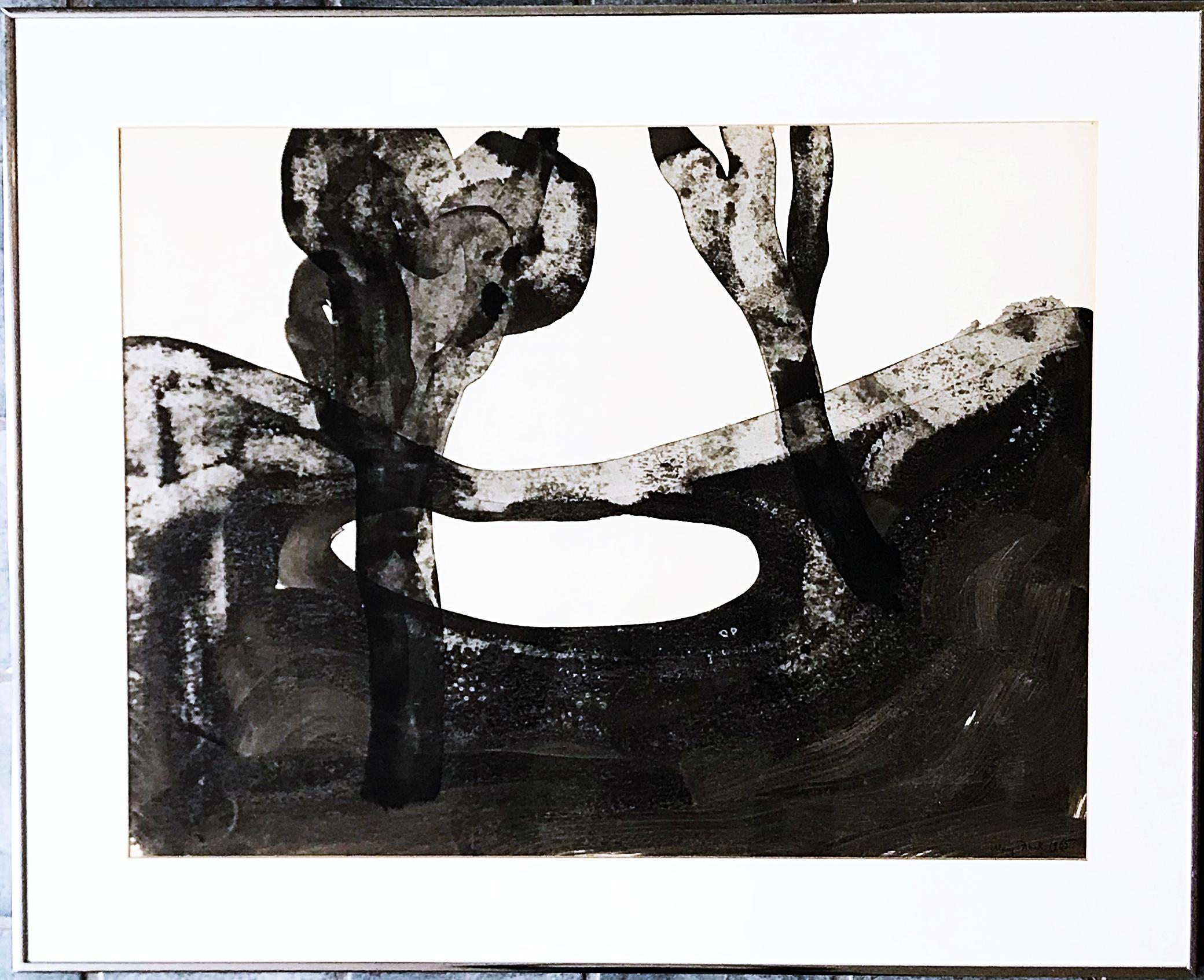 Aquarelle sur papier unique de style expressionniste abstrait mi-siècle moderne, sans titre