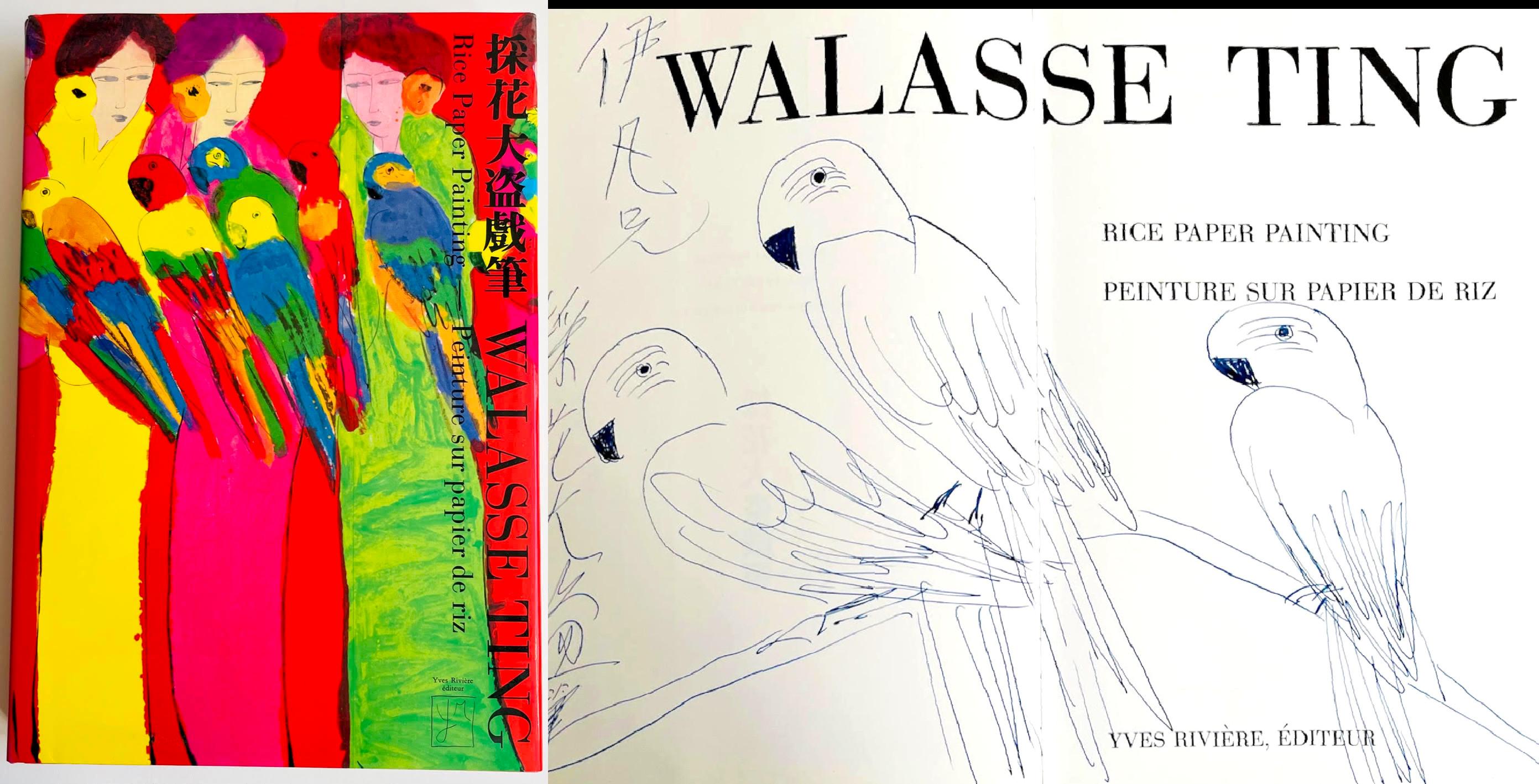 dessin original de trois perroquets dans une monographie de célèbre artiste chinois - Moderne Art par Walasse Ting