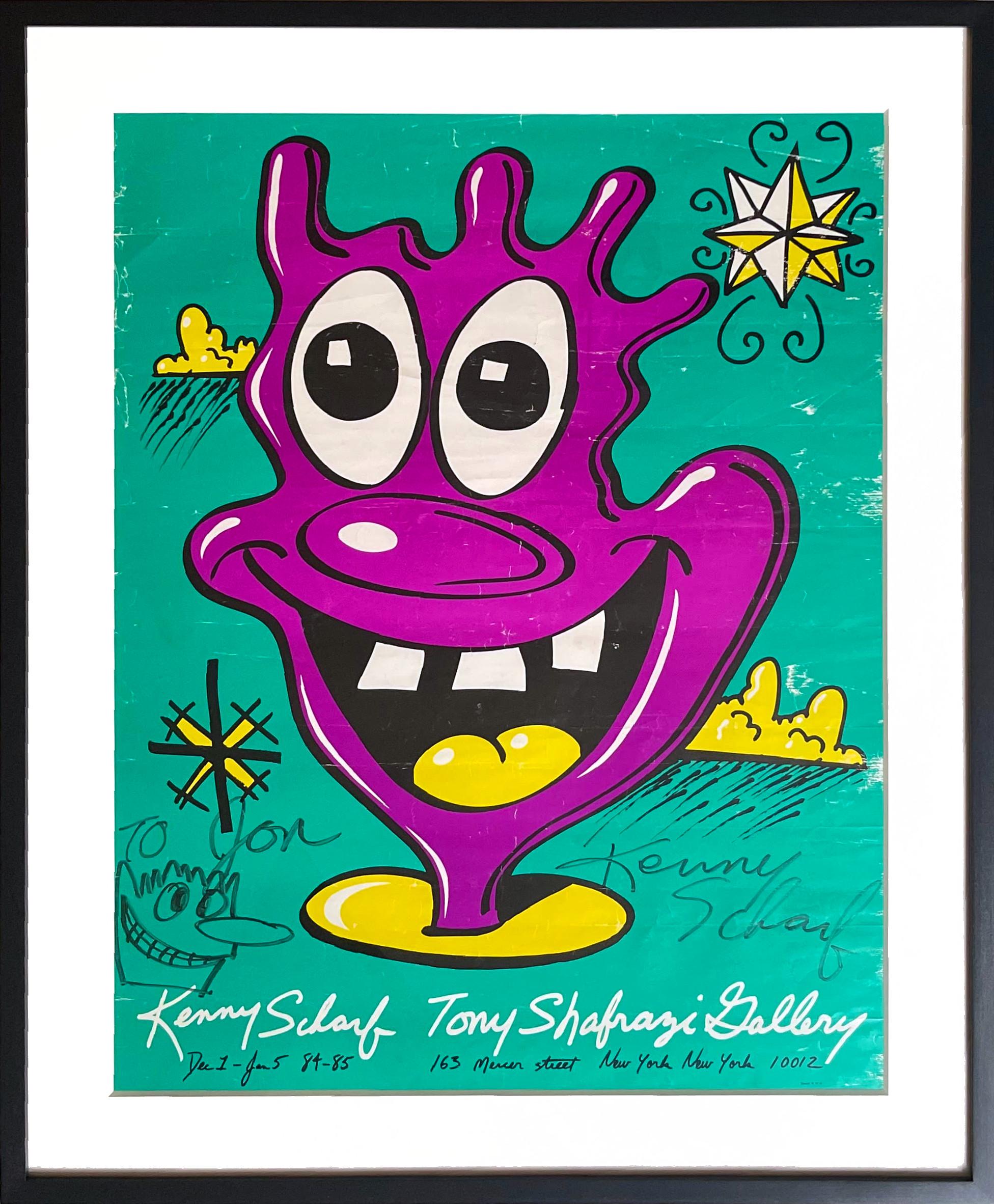 Abstract Drawing Kenny Scharf - dessin unique sur l'affiche de Tony Shafrazi, signé et inscrit au petit ami de Warhol