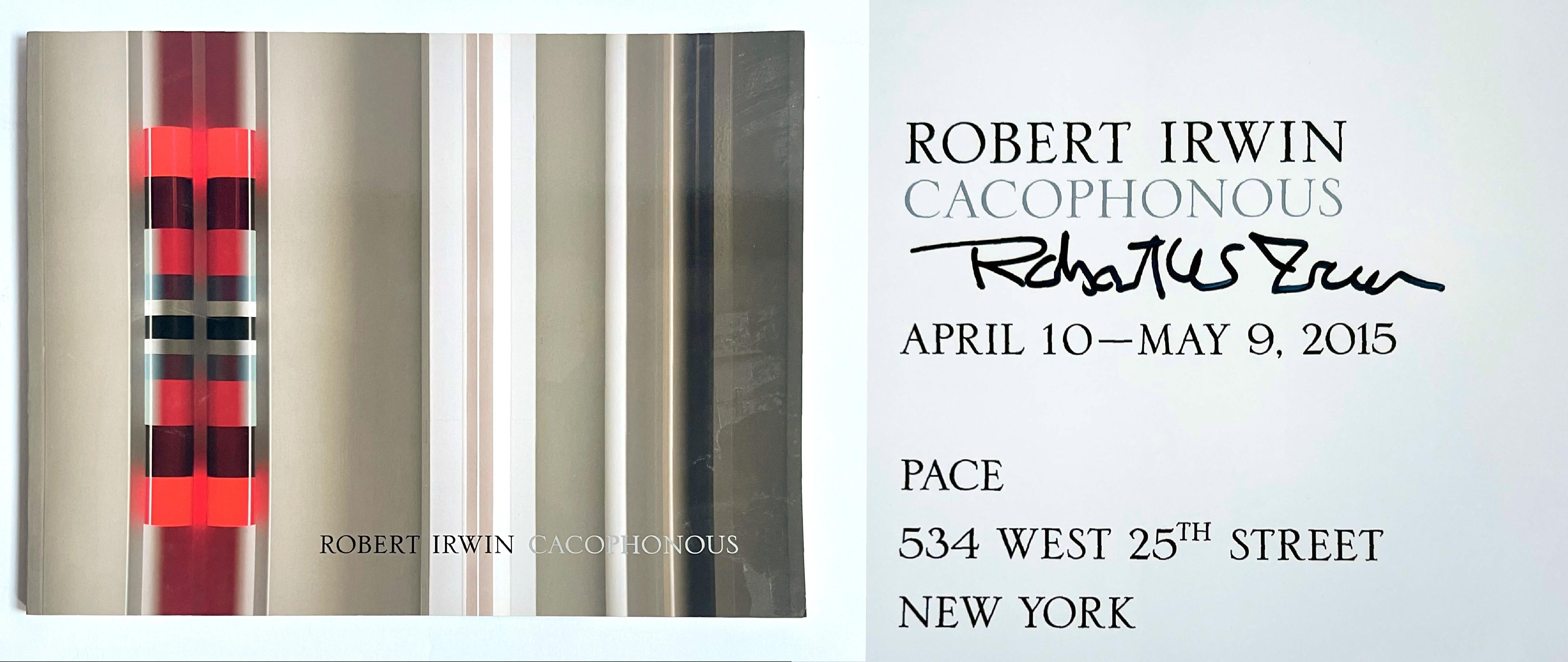 Robert Irwin
Cacophonous (hand signed by Robert Irwin), 2015
Softback exhibition catalogue with stiff wraps (hand signed by Robert Irwin)
Hand signed by Robert Irwin on the title page
9 × 11 3/4 × 33/100 inches
Unframed
This elegant illustrated
