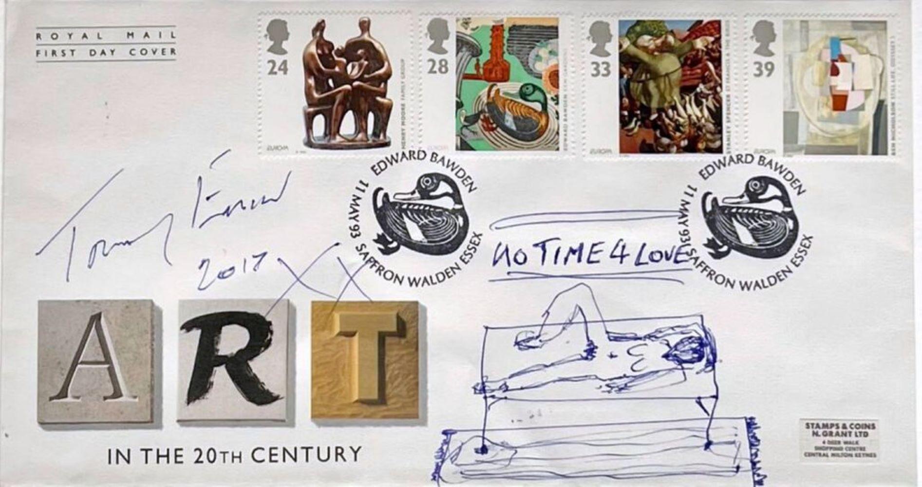 Figurative Art Tracey Emin - No Time 4 Love, dessin original à l'encre signé et titré sur couverture Royal Mail 1st Day