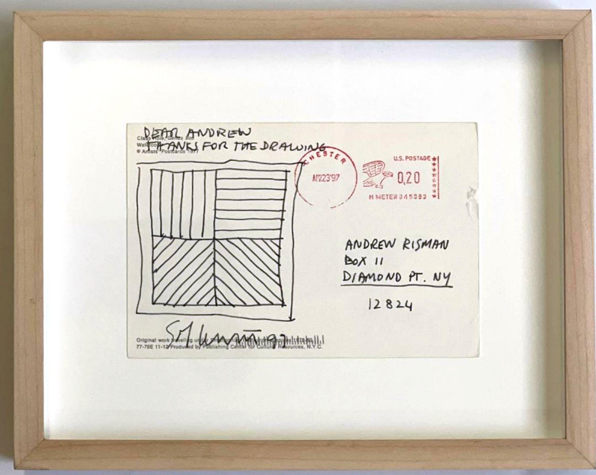 Lines in Four Different Directions Original signierte, beschriftete, beschriftete Zeichnung auf Postkartenpapier