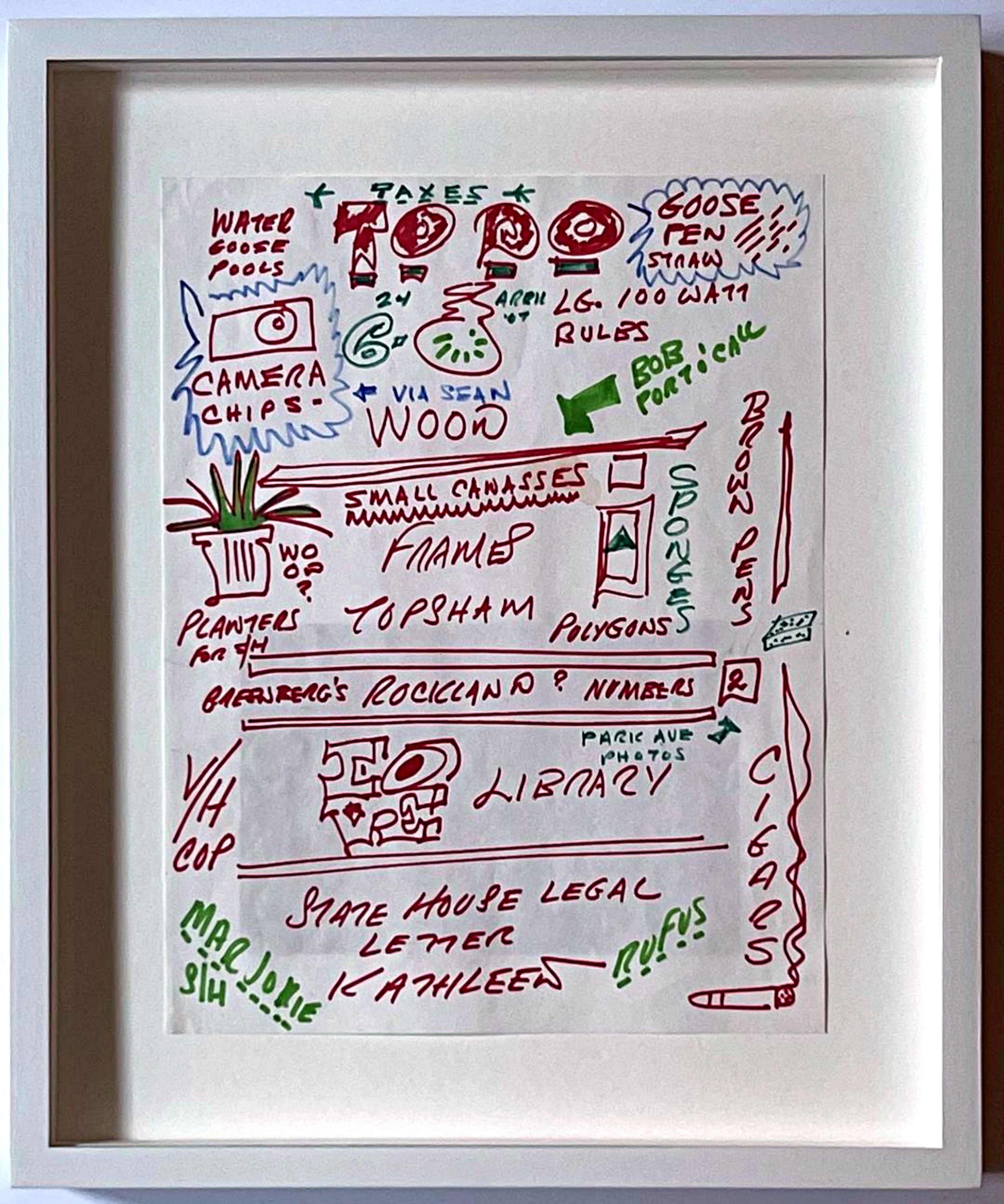 Robert Indiana
Lista illustrata delle cose da fare (firmata a mano da Robert Indiana)
Pennarello nero e verde su carta, firmato a matita di grafite verso
Un pezzo unico per ogni vero collezionista, studioso, fan o seguace del leggendario artista