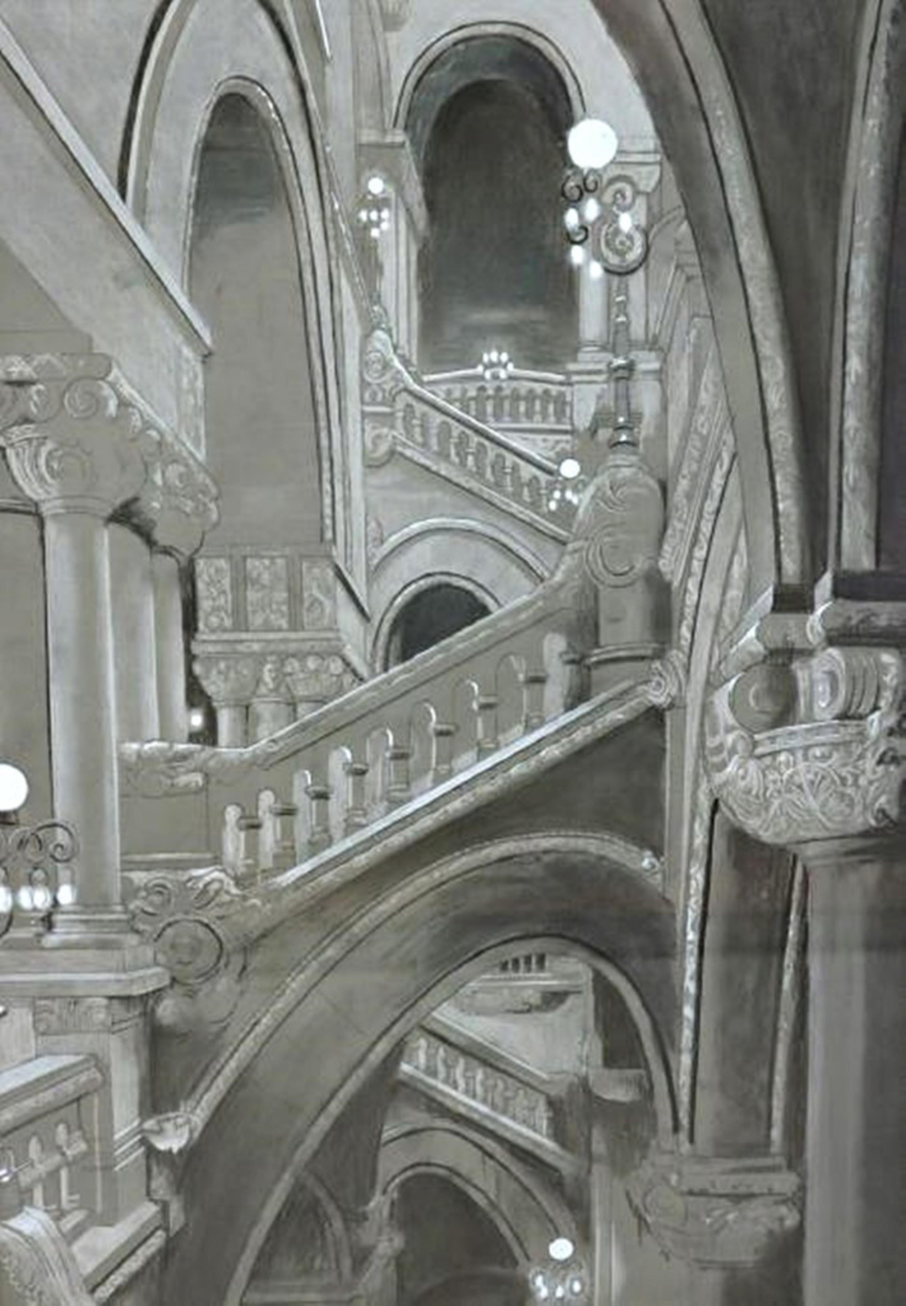 Richard Haas
Great Western Staircase, New York State Capitol Building, Albany (View II), 1980
Pastel drawing on paper
Hand-signed by artist, Signed and dated 1980; bears RDA (Readers Digest Association) Collection Label w/Inventory # on the verso