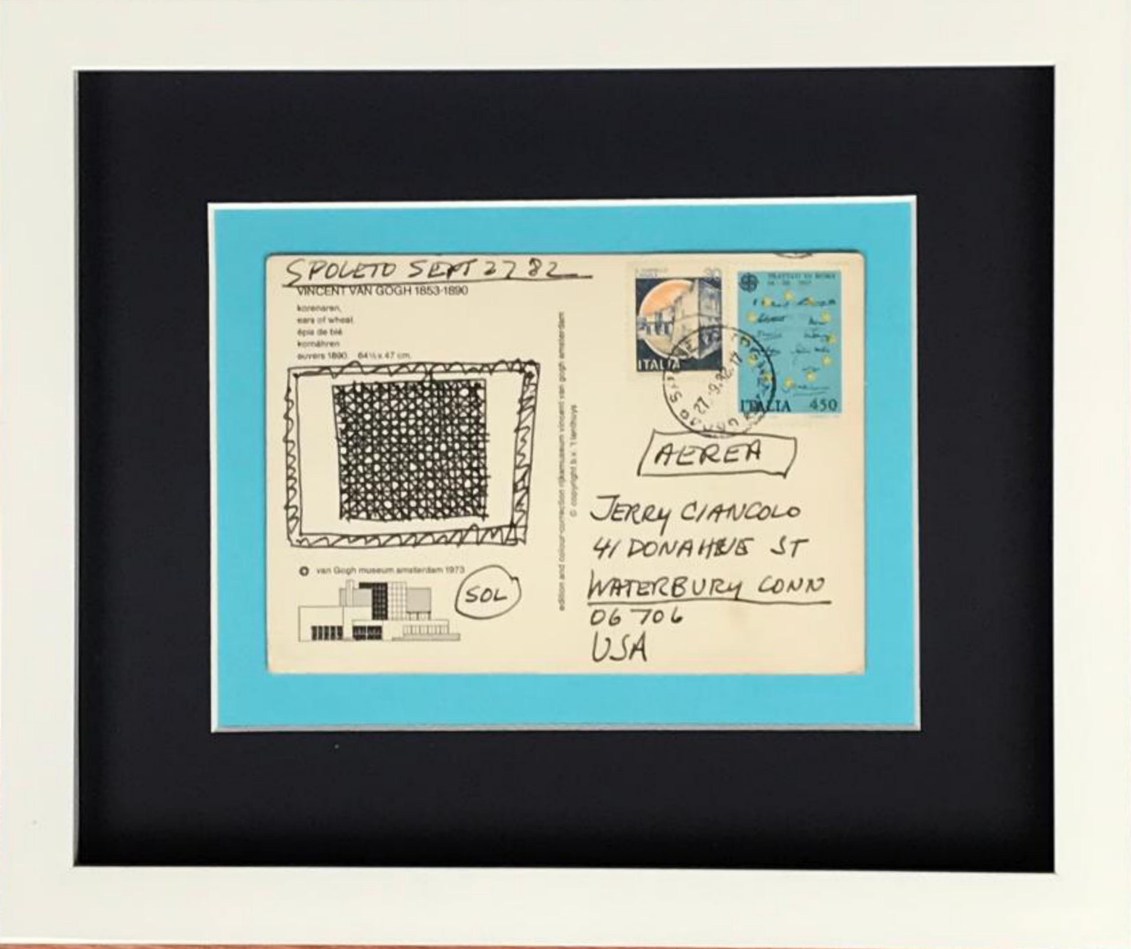 Sol LeWitt
Einzigartige geometrische Abstraktion auf Postkarte, 1982
Originalzeichnung auf Postkarte aus dem Van-Gogh-Museum (Amsterdam), abgesandt, frankiert und abgestempelt aus Spoleto, Italien. 
Beschriftet und signiert von Sol Lewitt mit der