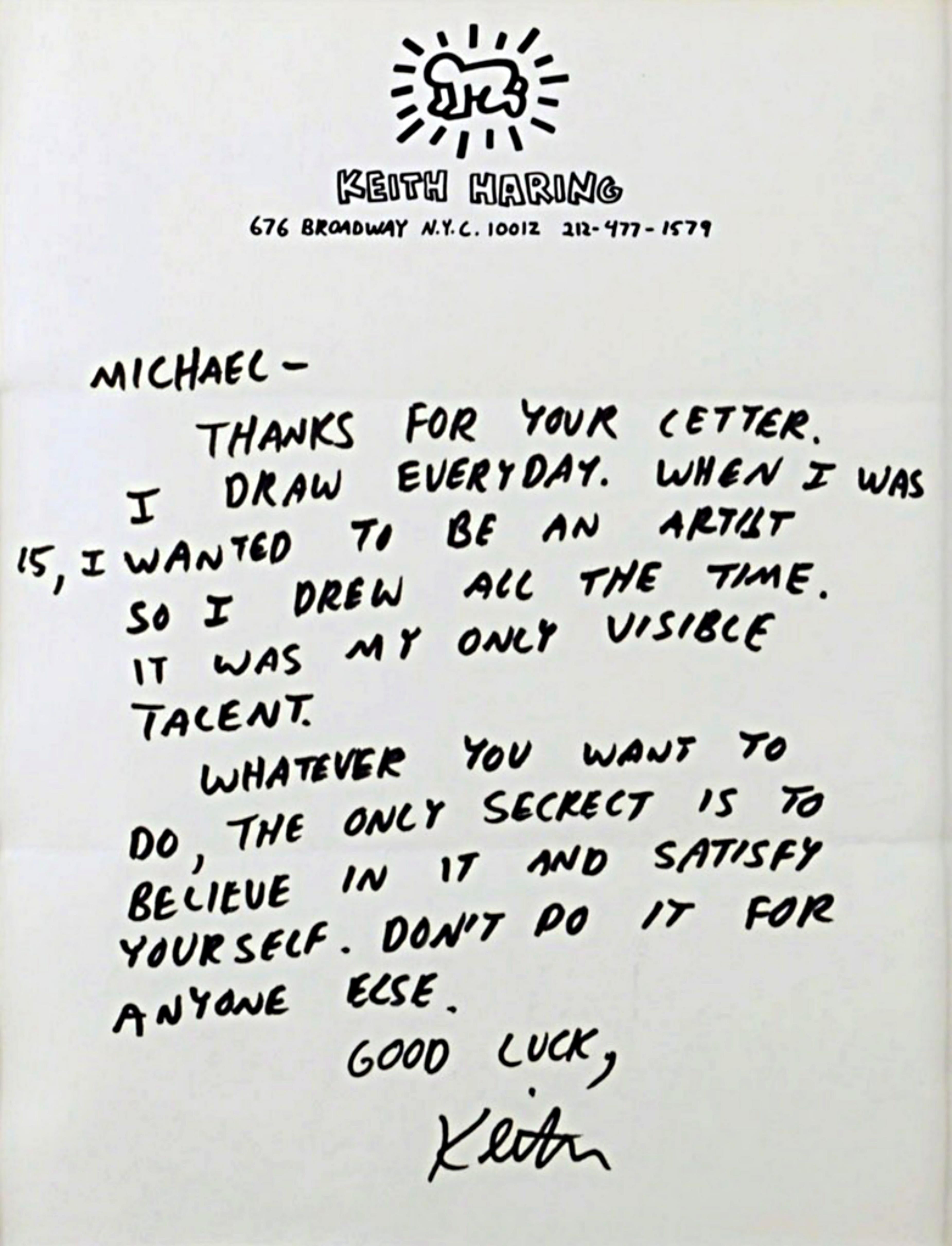 Lettre historique à un jeune artiste en herbe, écrite et signée à la main (unique) - Art de Keith Haring