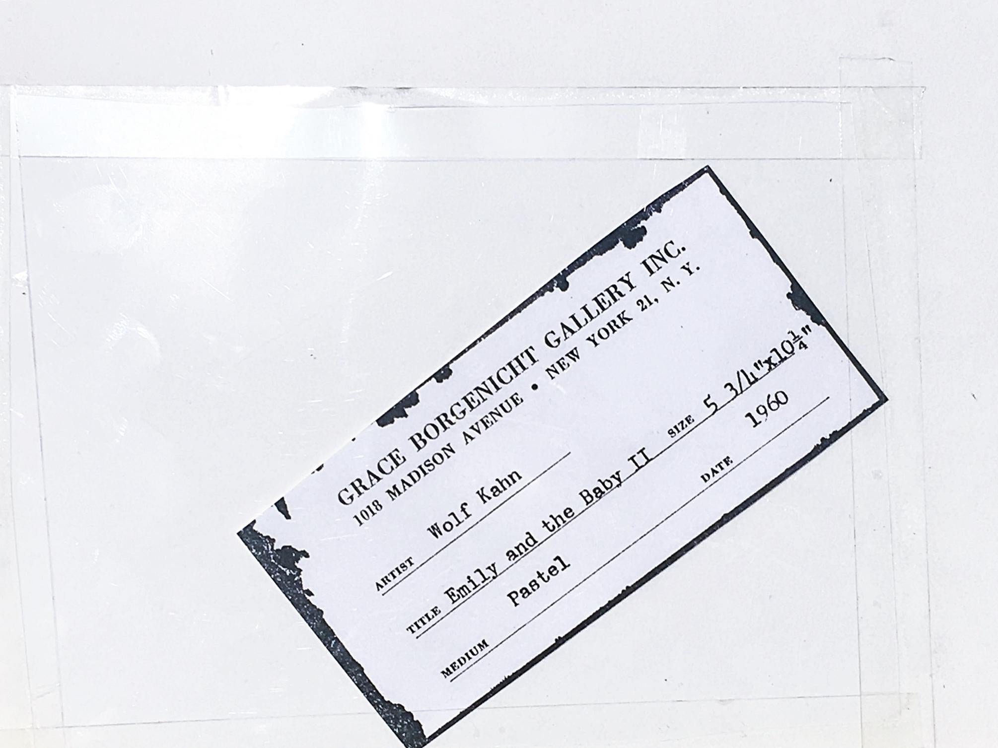 Wolf Kahn
Emily & Das Baby II (Galerie Grace Borgenicht), 1960
Pastell auf Papier.
Von der Künstlerin auf der Vorderseite handsigniert. Grace Borgenicht Galerie Label auf der Rückseite
Inklusive Vintage-Rahmen
Dies ist eine ergreifende frühe