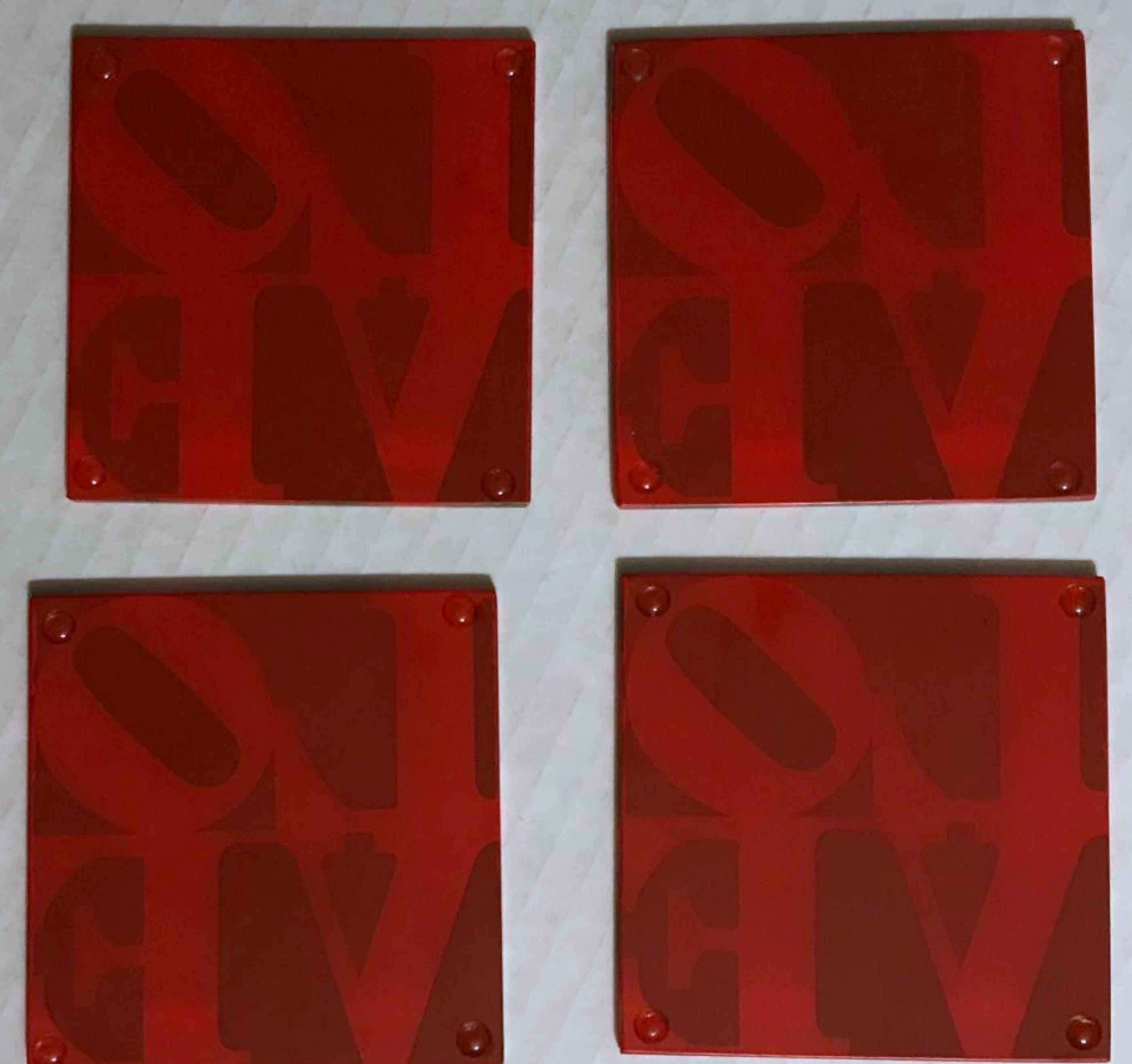 Robert Indiana
Set of Four Glass Coasters, ca. 2011
Silkscreened glass coasters
Sticker label, Accompanied by museum label (shown), not signed
3 1/2 × 3 1/2 × 3/10 inches
Unframed
Measurements apply to each coaster
Created and sold exclusively by