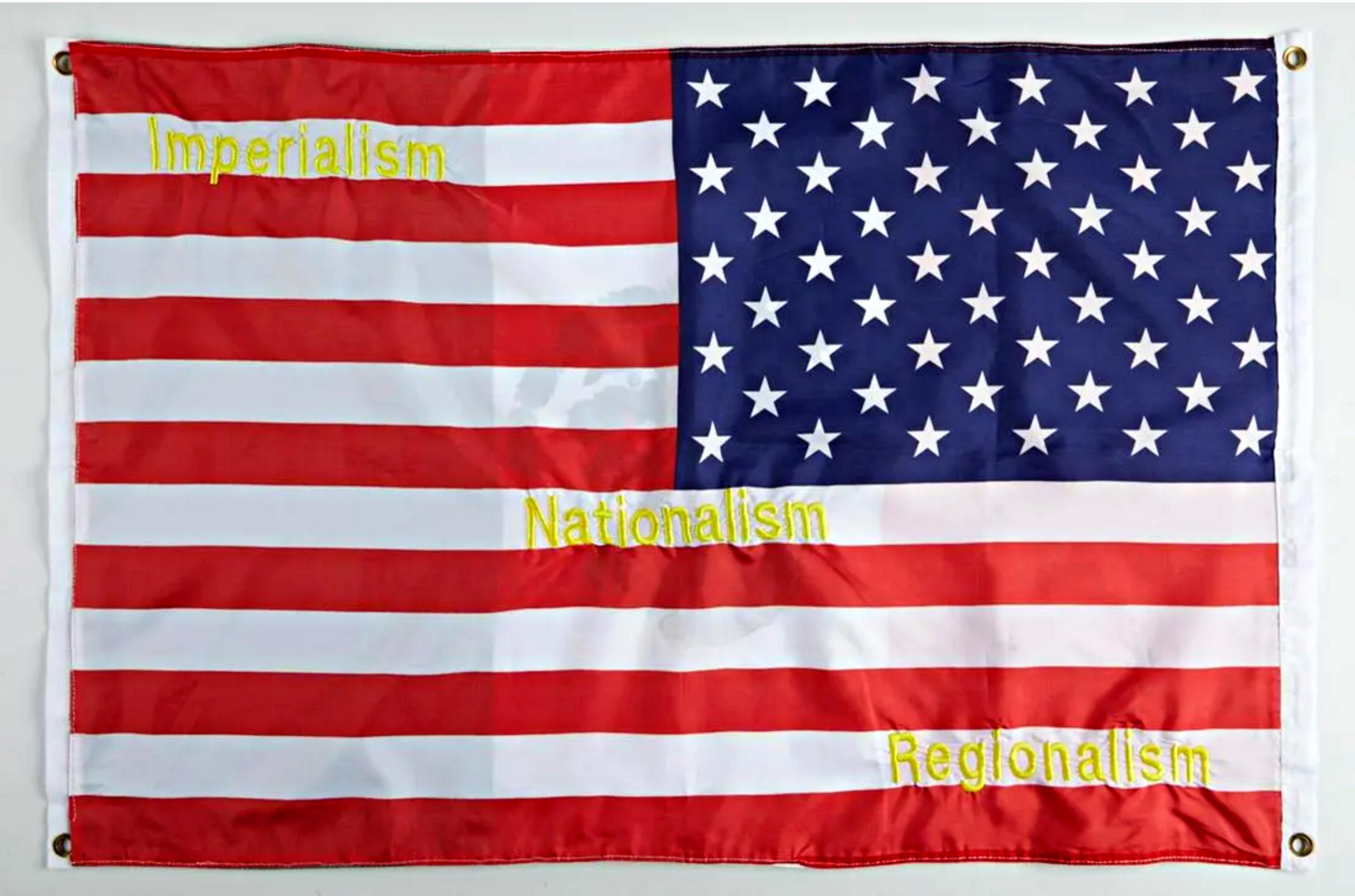 Sam Durant
The Other Side/El Otro Lado (Regionalism, Nationalism, Imperialism), 2005
United States and Mexican flags with embroidery
Stamp numbered 70 from the edition of 100
24 × 37 inches
Unframed 
This double sided flag art was commissioned by