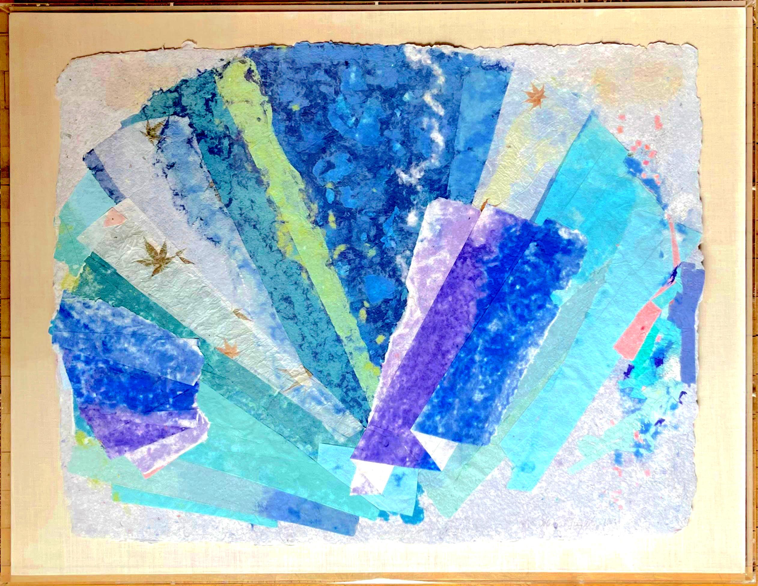 Blue Blossom unique signed work on handmade hand dyed paper ex Tupperware Coll.  - Art by Margie Hughto
