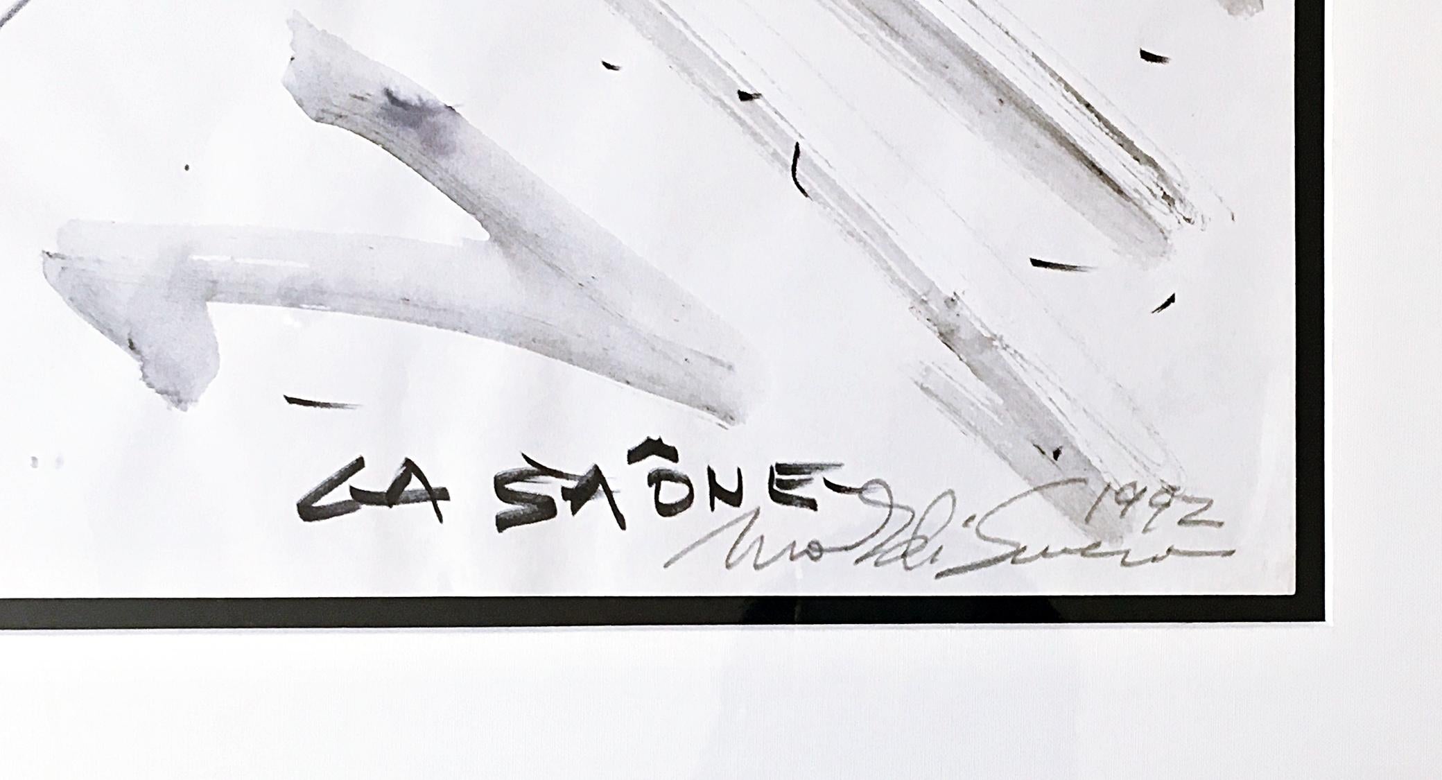 Mark di Suvero
Project for Sculpture in Chalon-sur-Saône, 1992
Marker, Watercolor and Ink Wash on Paper.
Hand signed and dated by artist on lower right front
Frame included
The rare signed watercolor by Mark di Suvero was a sculptural proposal