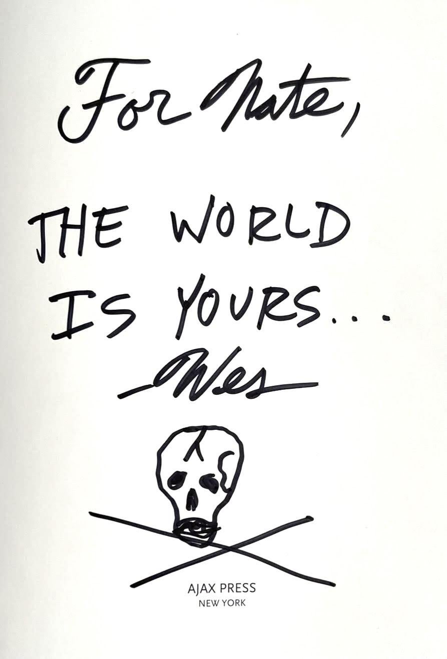 Wes Lang
Die Welt gehört dir (Originalzeichnung), ca. 2010
Signierte, betitelte und beschriftete Originalzeichnung in Marker und in gebundener Monographie
Handsigniert, beschriftet und gezeichnet von Wes Lang in Marker
11 1/4 × 9 1/4
