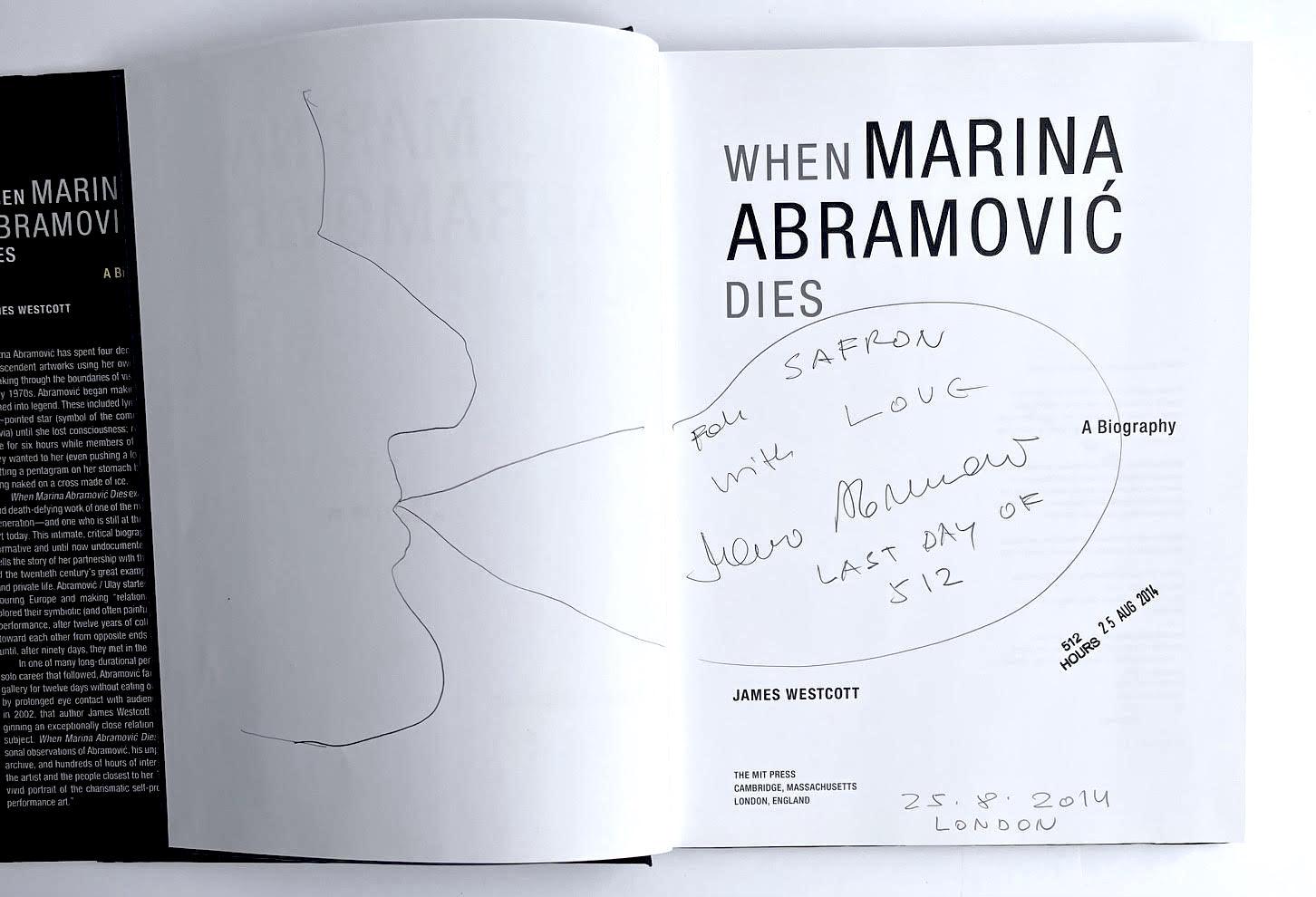 Marina Abramovic
Original self-portrait drawing (hand signed and inscribed), 2014
 Ink drawing held inside hardback monograph, done at the artist's Serpentine Gallery exhibition, hand signed and warmly inscribed
Ink drawing is hand signed, dated and