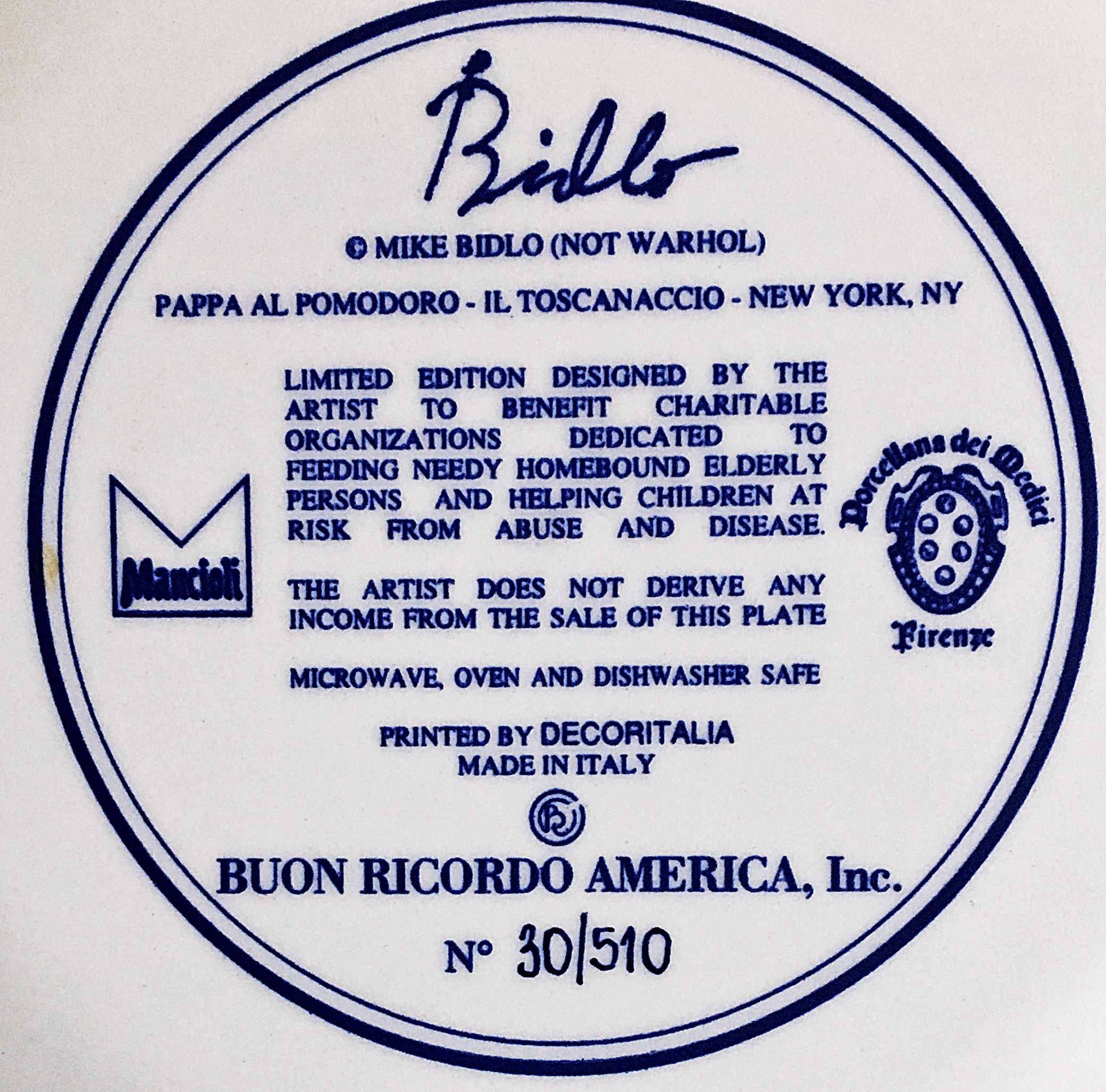 Mike Bidlo
Not Warhol (Pappa Al Pomodoro - Il Toscanaccio - NYC), 2000
Limited Edition Ceramic Plate. Artist Signature Fired into Plate.
Artist signature fired into the plate on the back and numbered 87 from the edition of only 510.
10 inches