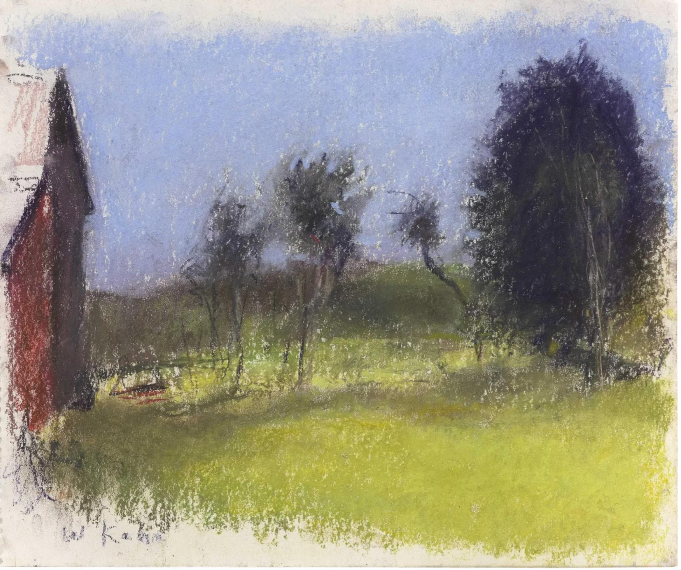 Landscape Art Wolf Kahn - The Red Barn (New Hampshire Sugar House) - Peinture au pastel originale