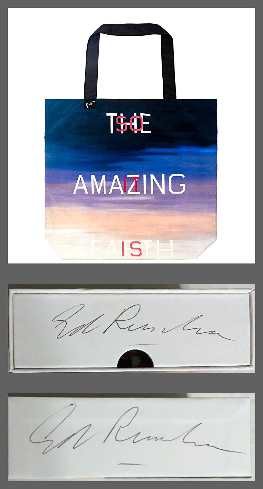 Ed Ruscha
The Amazing Earth, in gift box hand signed twice by Ed Ruscha, ca. 2017
Re-usable ocean bag created from 5 intercepted plastic bottles. In presentation box, uniquely hand signed twice (2x) by Ed Ruscha
Hand signed by Ed Ruscha in his