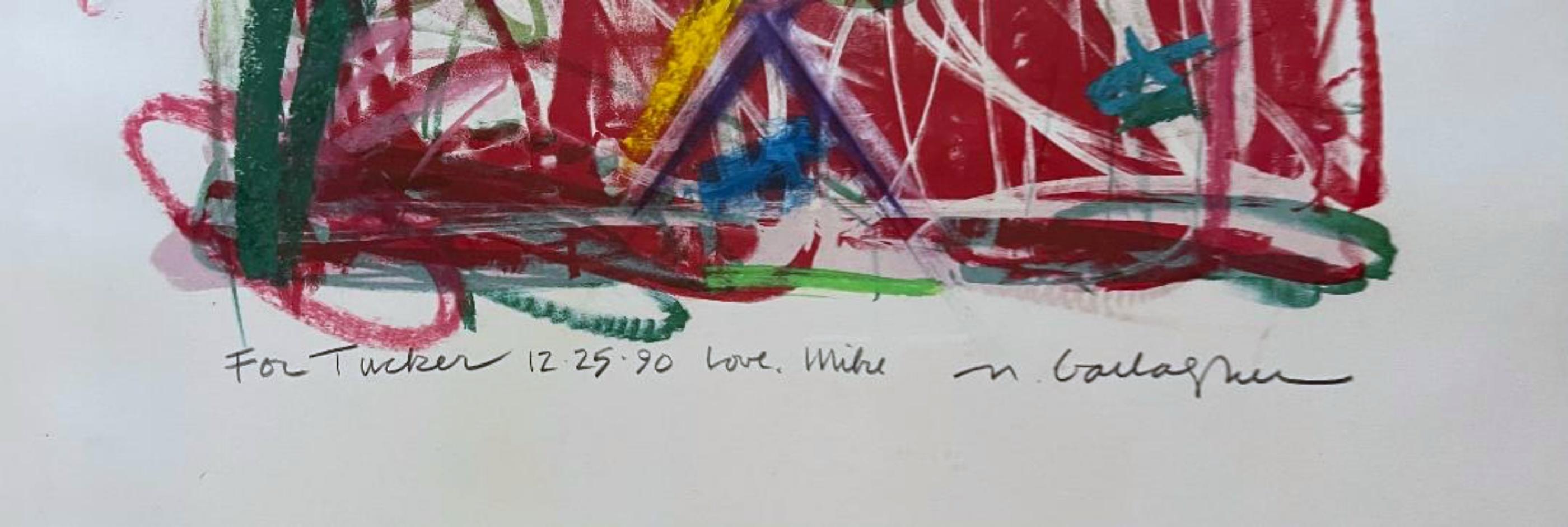 Michael Gallagher
Abstraktes expressionistisches Gemälde ohne Titel auf Papier (zweimal beschriftet und handsigniert), 1990
Acryl auf Papier Gemälde
Vom Künstler handsigniert, zweimal signiert, datiert und auf der Vorderseite liebevoll an Tucker