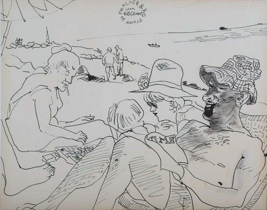 Red Grooms, Unique drawing of Provincetown Mass. beach, Pop Art Signed, framed