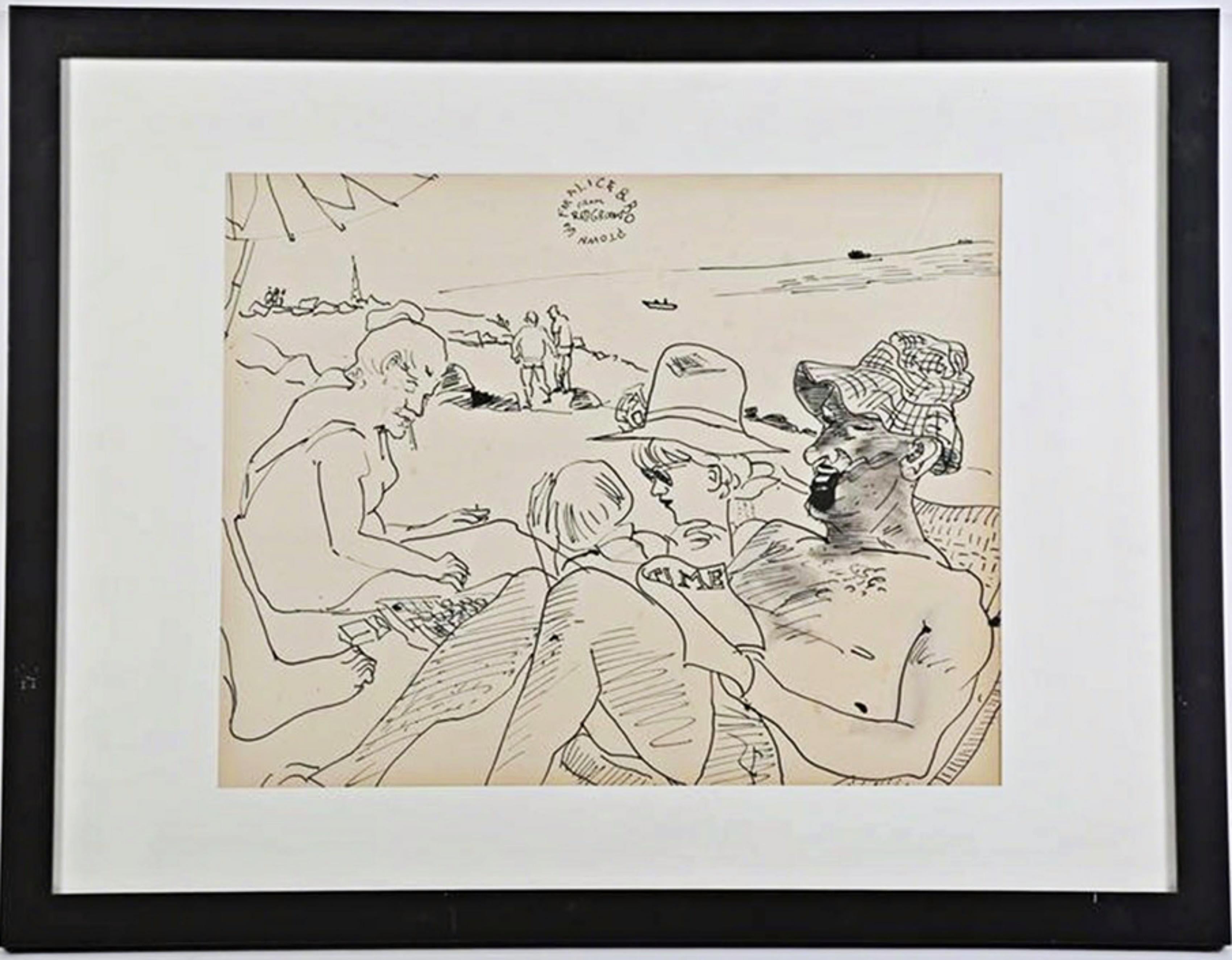 RED GROOMS
(Untitled), for Alice + Bo, Provincetown 1966
Original ink drawing on paper
Signed, inscribed and dated with a dateline of Provincetown on recto.
Vintage frame included
This unique early (1966) framed Red Gooms ink drawing on paper is