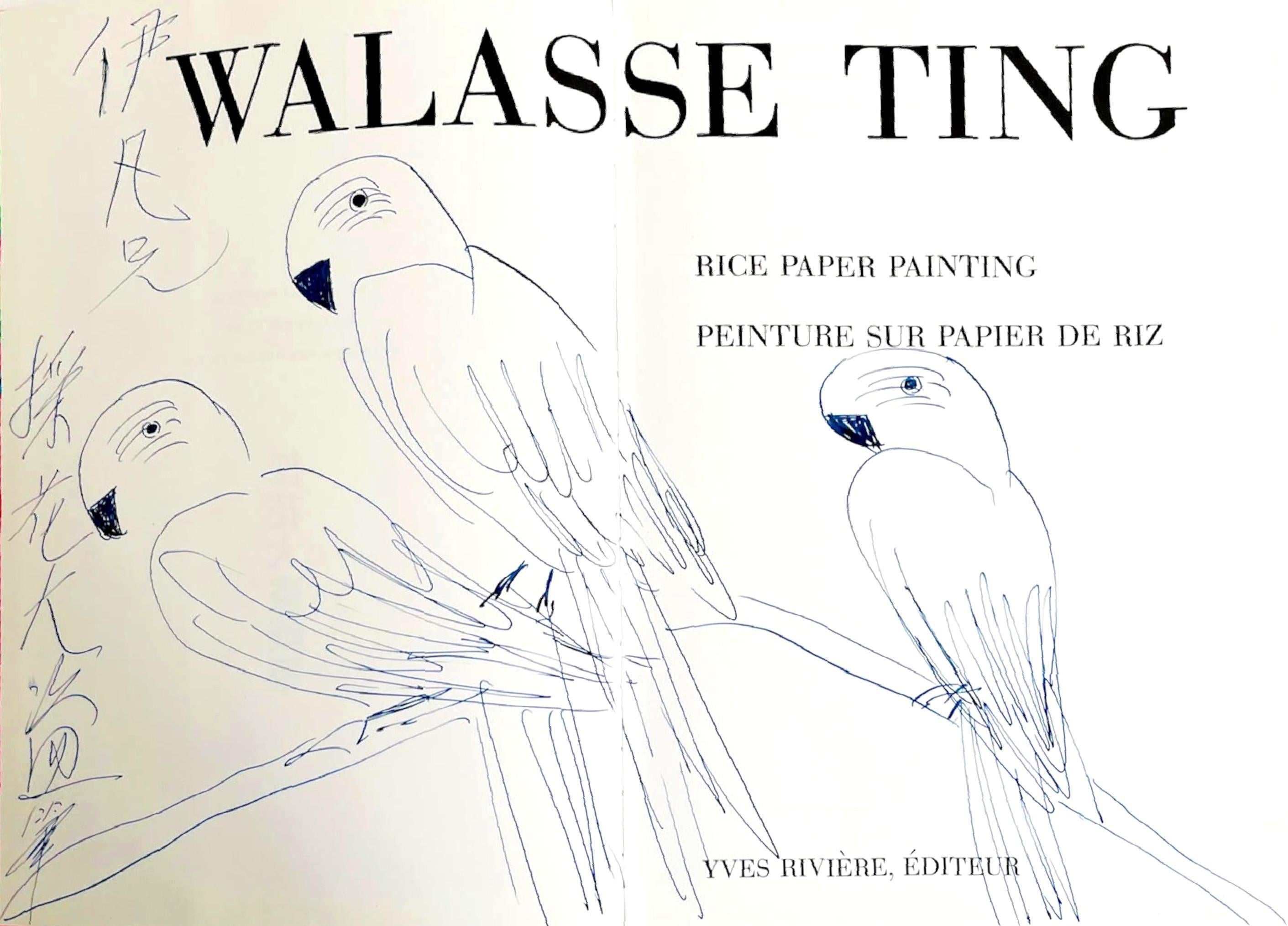 dessin original de trois perroquets dans une monographie de célèbre artiste chinois - Art de Walasse Ting