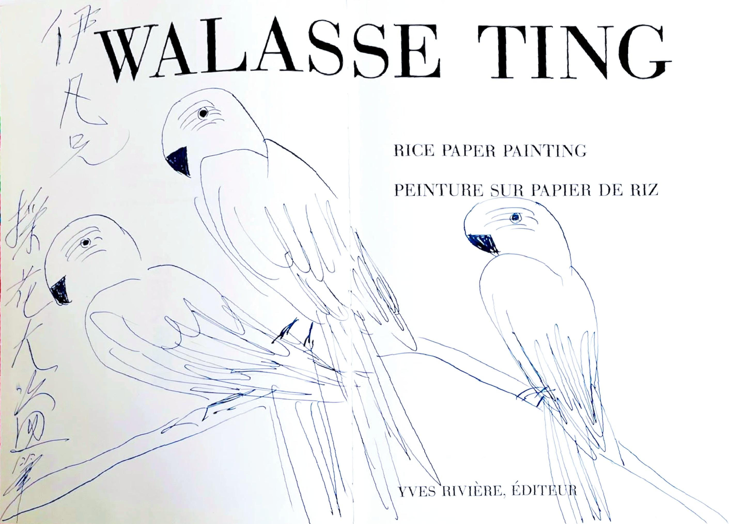 Animal Art Walasse Ting - dessin original de trois perroquets dans une monographie de célèbre artiste chinois