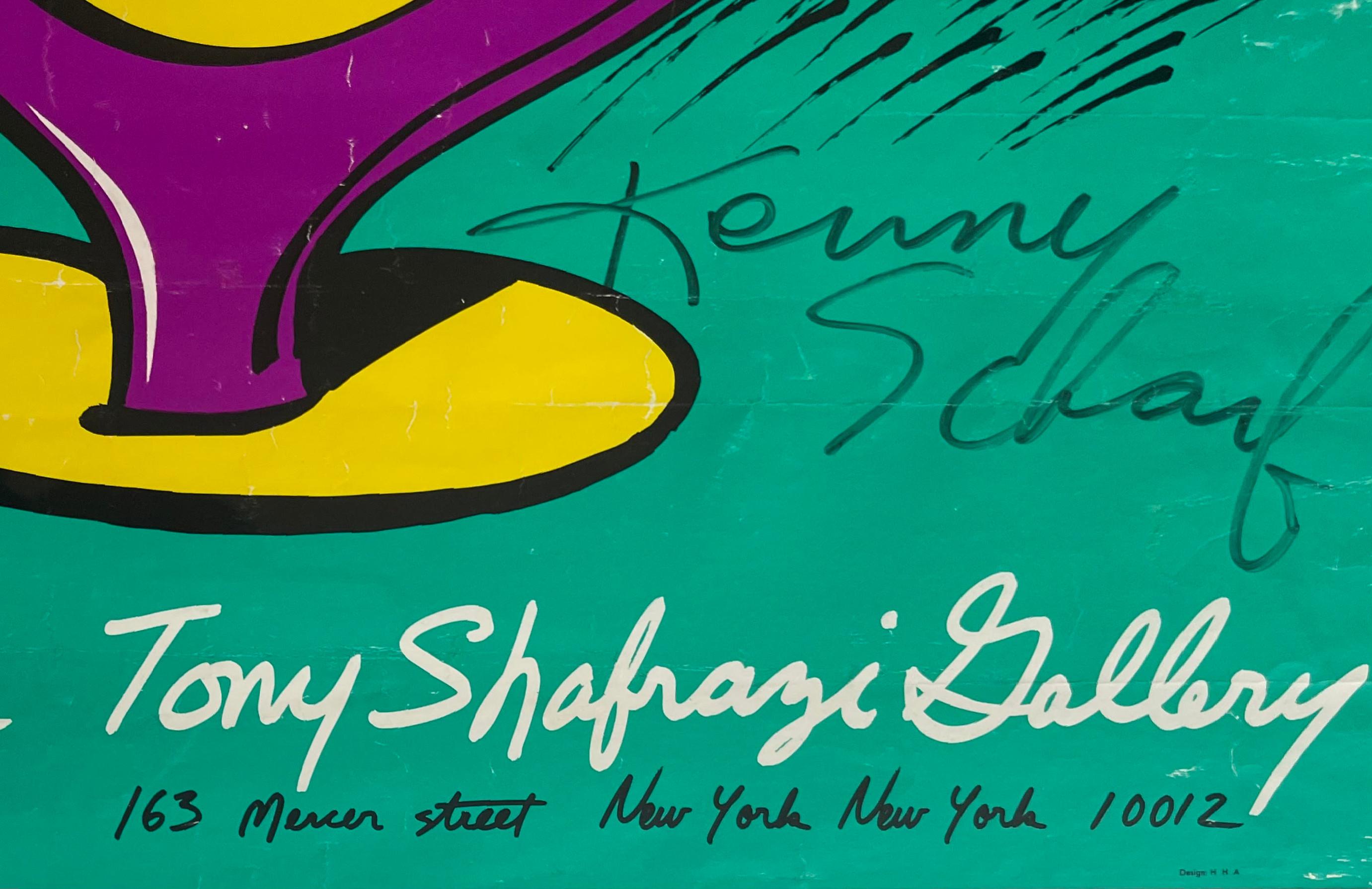 Unique drawing on Tony Shafrazi poster, signed & inscribed to Warhol's boyfriend - Pop Art Art by Kenny Scharf