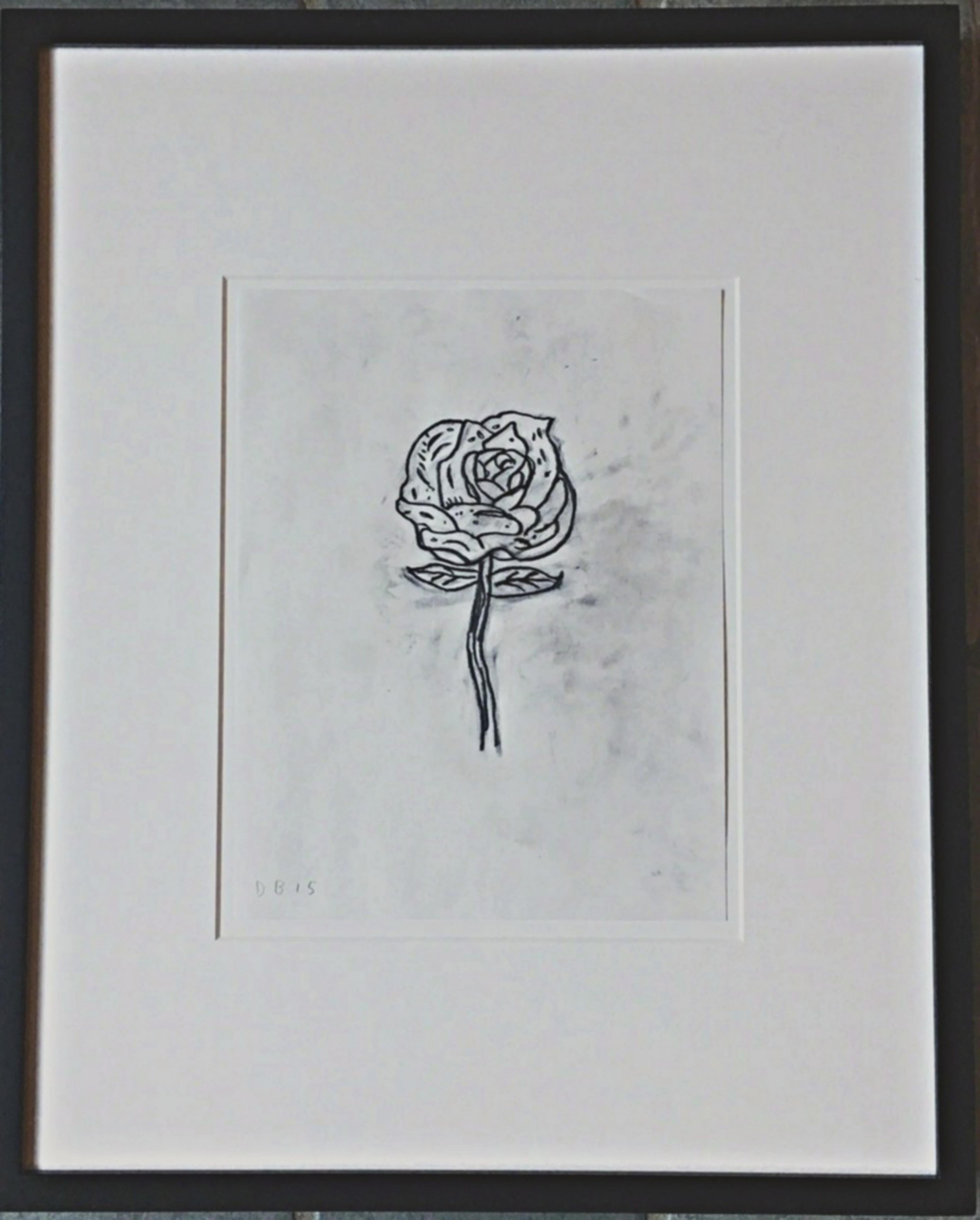 Untitled (Rose) Einzigartige original signierte Graphitzeichnung von MOCA Detroit Gerahmt – Art von Donald Baechler