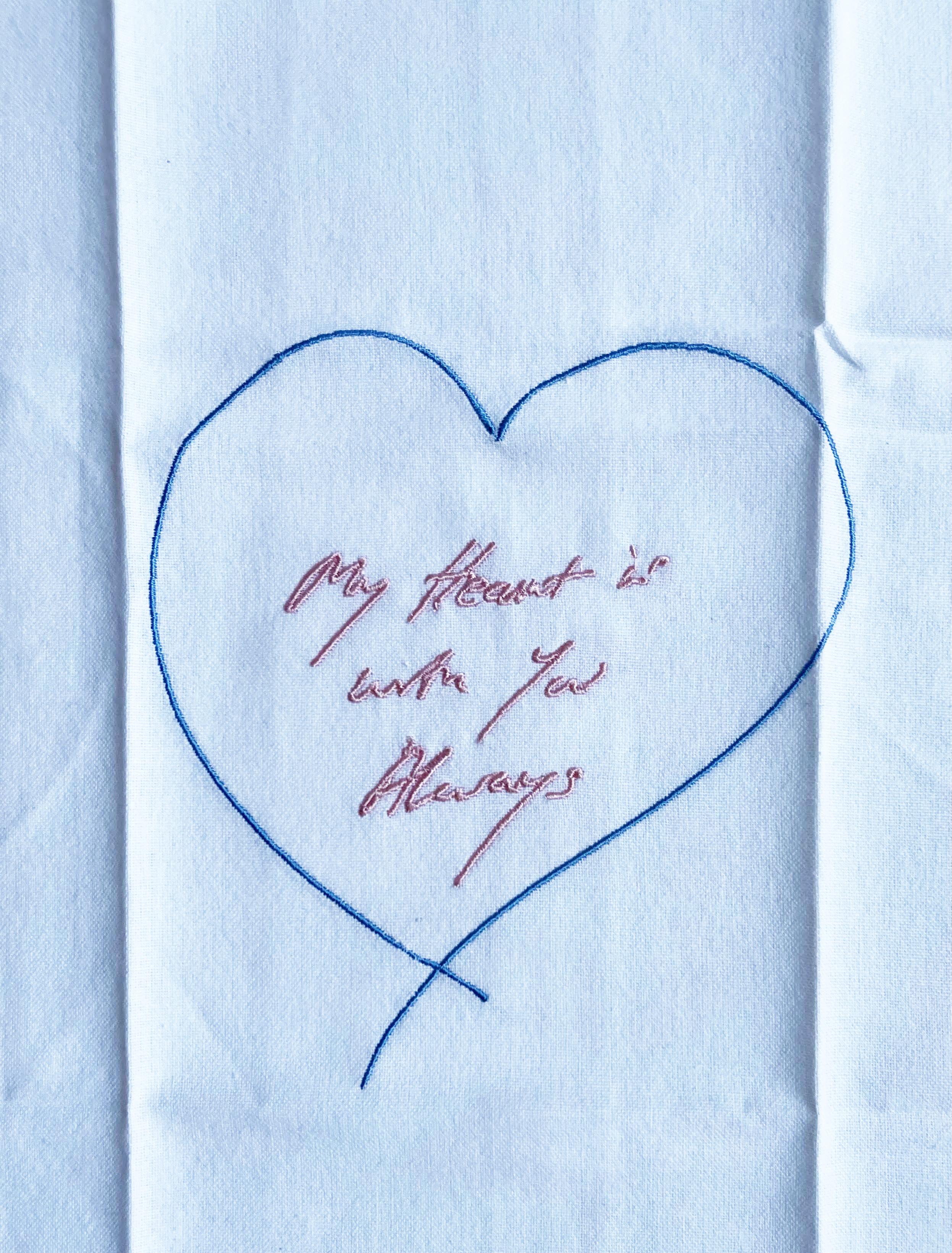 Tracey Emin
My Heart is With You Always (with hand signed and inscribed tag), 2015
Embroidered Linen Handkerchief, Signed and Inscribed in Ink by Tracey Emin on attached tag
Signed, inscribed in ink on attached tag by Tracey Emin 