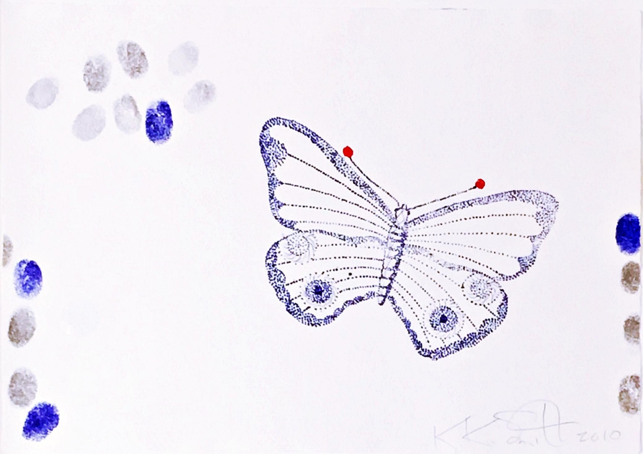 Butterfly with glitter, signed mixed media monoprint on watercolor paper, framed - Contemporary Mixed Media Art by Kiki Smith