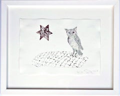 Owl and Star (unique signed mixed media on lanaquarelle paper with glitter)