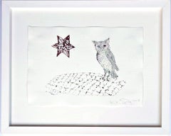 Gufo e stella (tecnica mista firmata unica su carta lanaquarelle con glitter)
