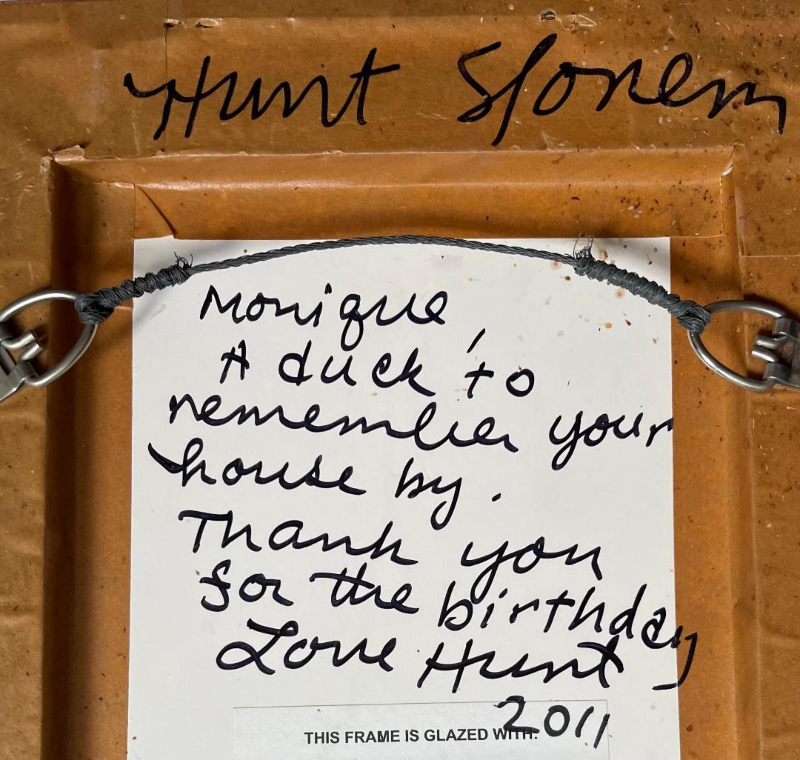 HUNT SLONEM
A Duck to Remember Your House By (inscribed and signed three times to Andy Warhol's friend Monique Van Vooren), 1991-2011
Watercolor on Paper
Hand signed and dated recto, signed again verso; inscribed 