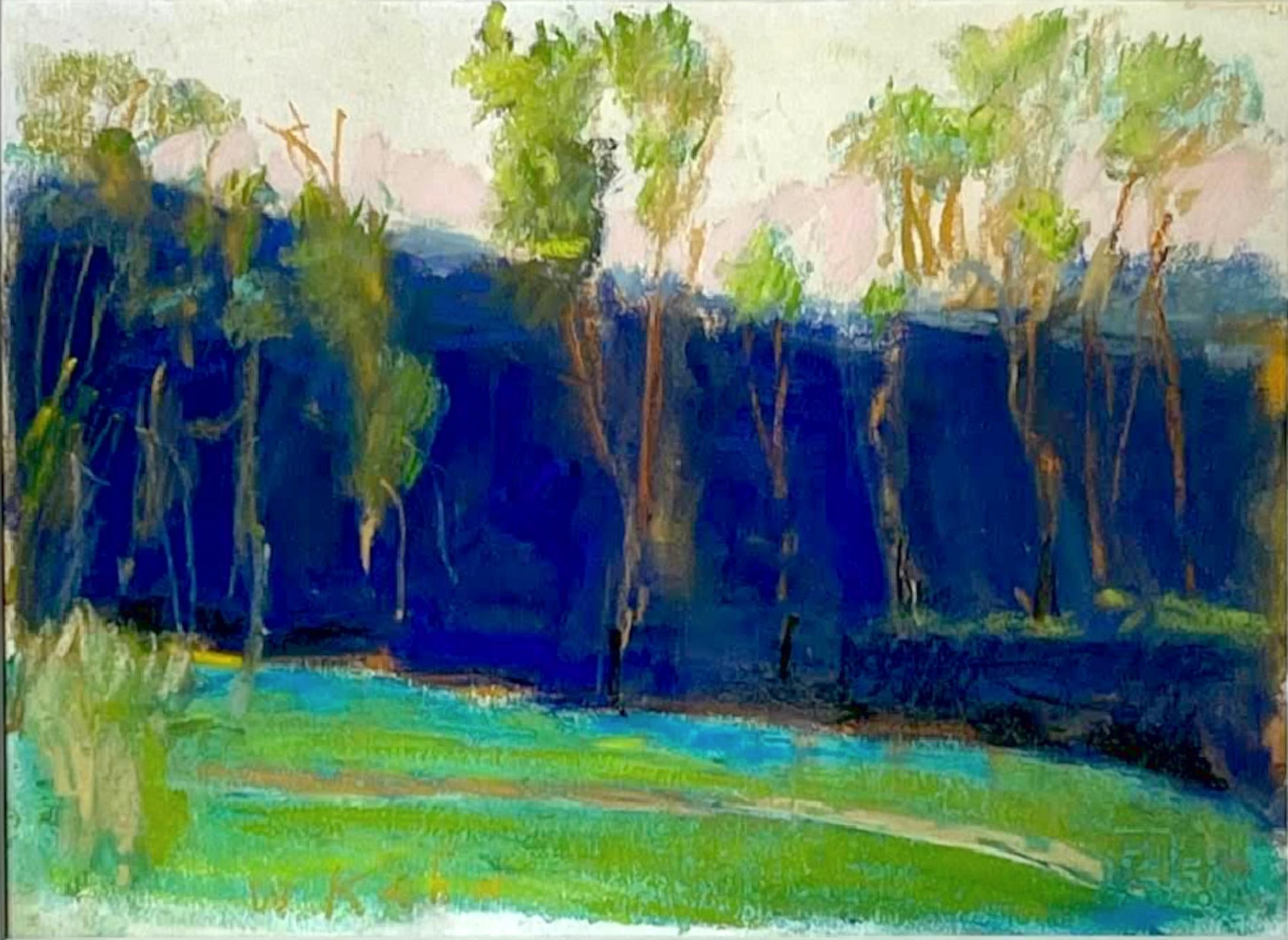 Wolf Kahn Landscape Art - Blau-Grün (Blue-Green) unique pastel painting signed, authenticated, Framed
