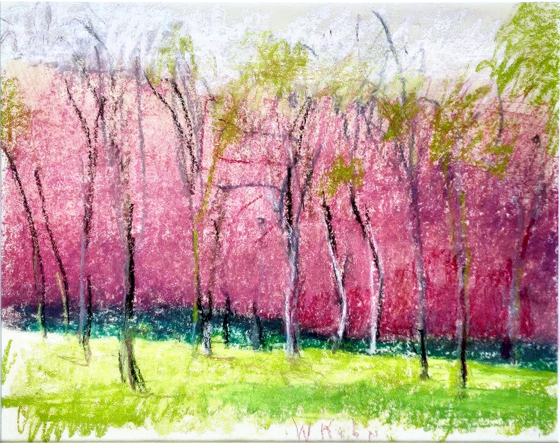 Wolf Kahn Landscape Art - Roughly Textured Trees (unique signed landscape color field pastel painting)