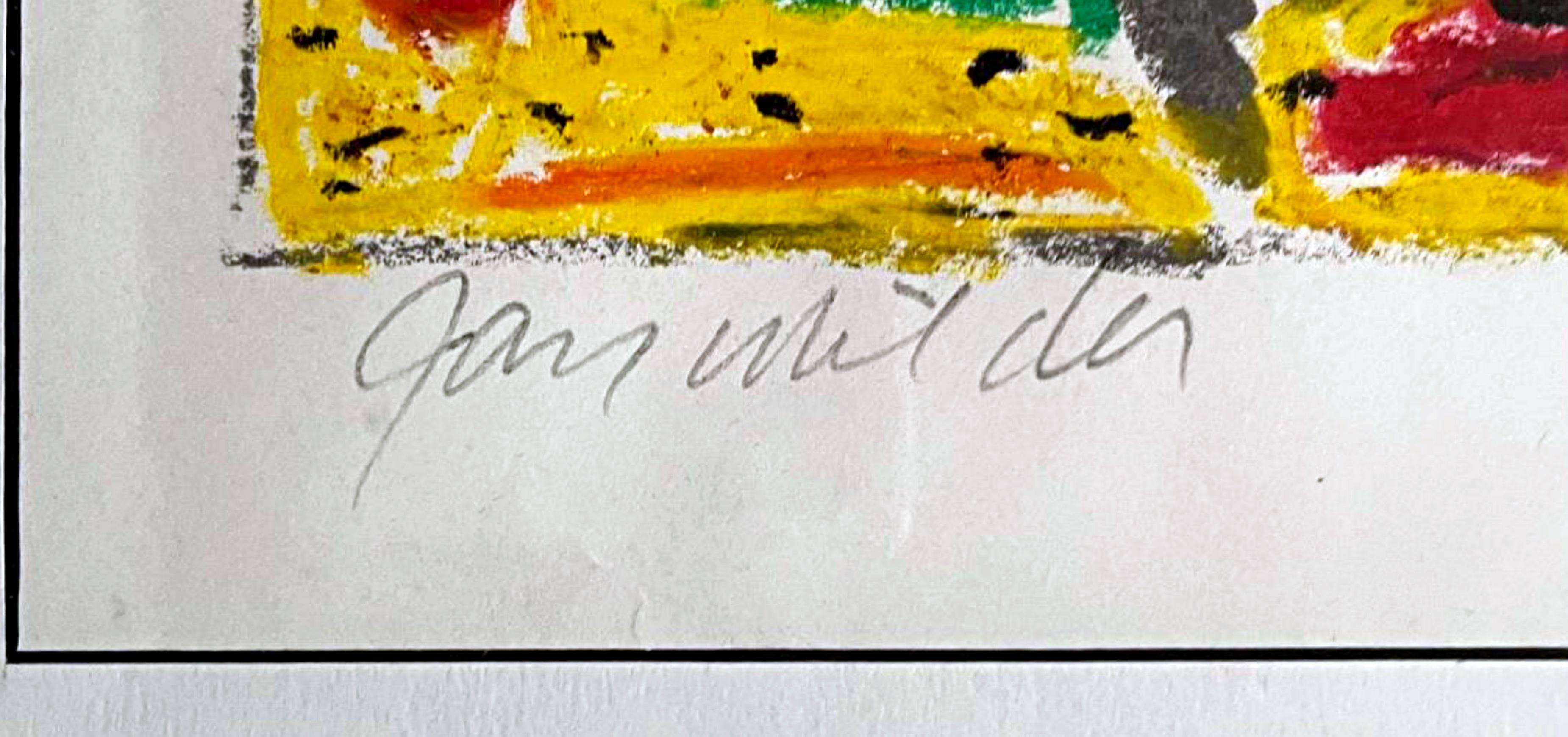 JAY MILDER 
Ohne Titel, ca. 1987
Gouache auf Papier
handschriftlich mit Bleistift signiert, unten links. 
Das Bild ist 9 Quadratzoll groß, gerahmt sind es 16 Quadratzoll.
Inklusive Rahmen:
gehalten im originalen Vintage-Rahmen
Als Schützling von