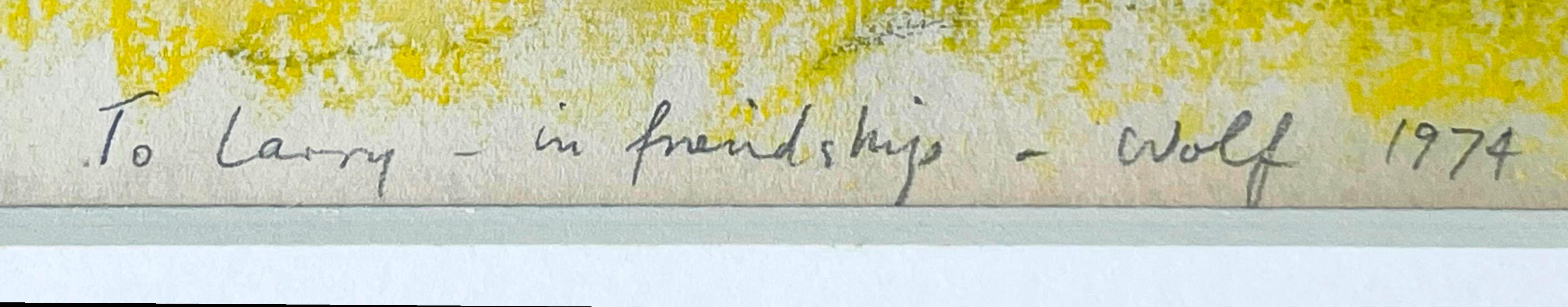 WOLFS Kahn
Secret Meadow (signé deux fois avec une inscription personnelle unique à un critique d'art renommé, avec une lettre de provenance), 1974
Pastel sur papier - signé deux fois et inscrit à la main,  accompagné d'une lettre de provenance