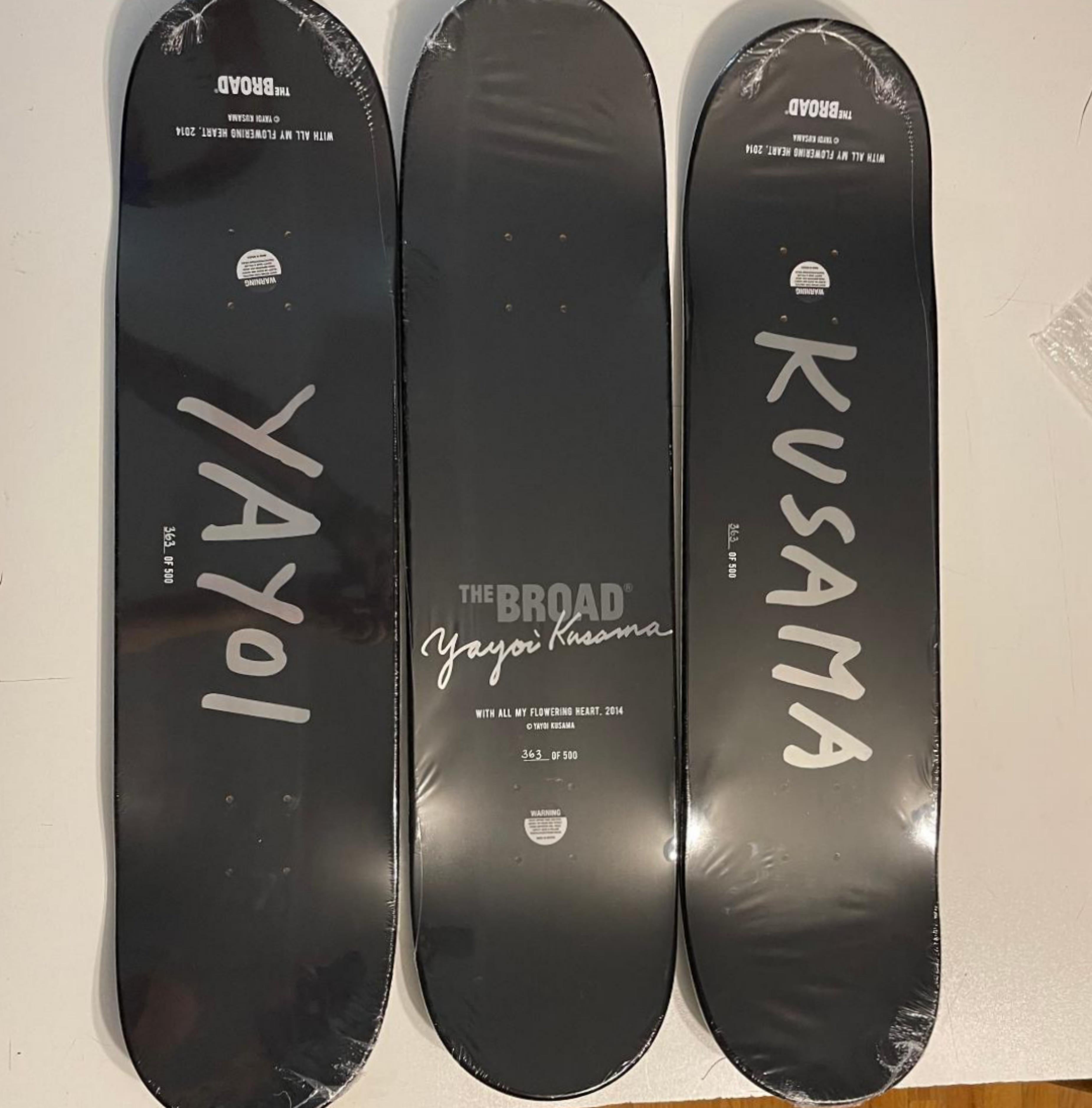 Yayoi Kusama
With All My Flowering Heart (Triptych), 2014
Set of Three (3) Separate Limited Edition numbered skate decks on 7-ply Canadian maple wood
31 × 8 × 2/5 inches (each)
Authorized printed (plate) signature; individually numbered from the