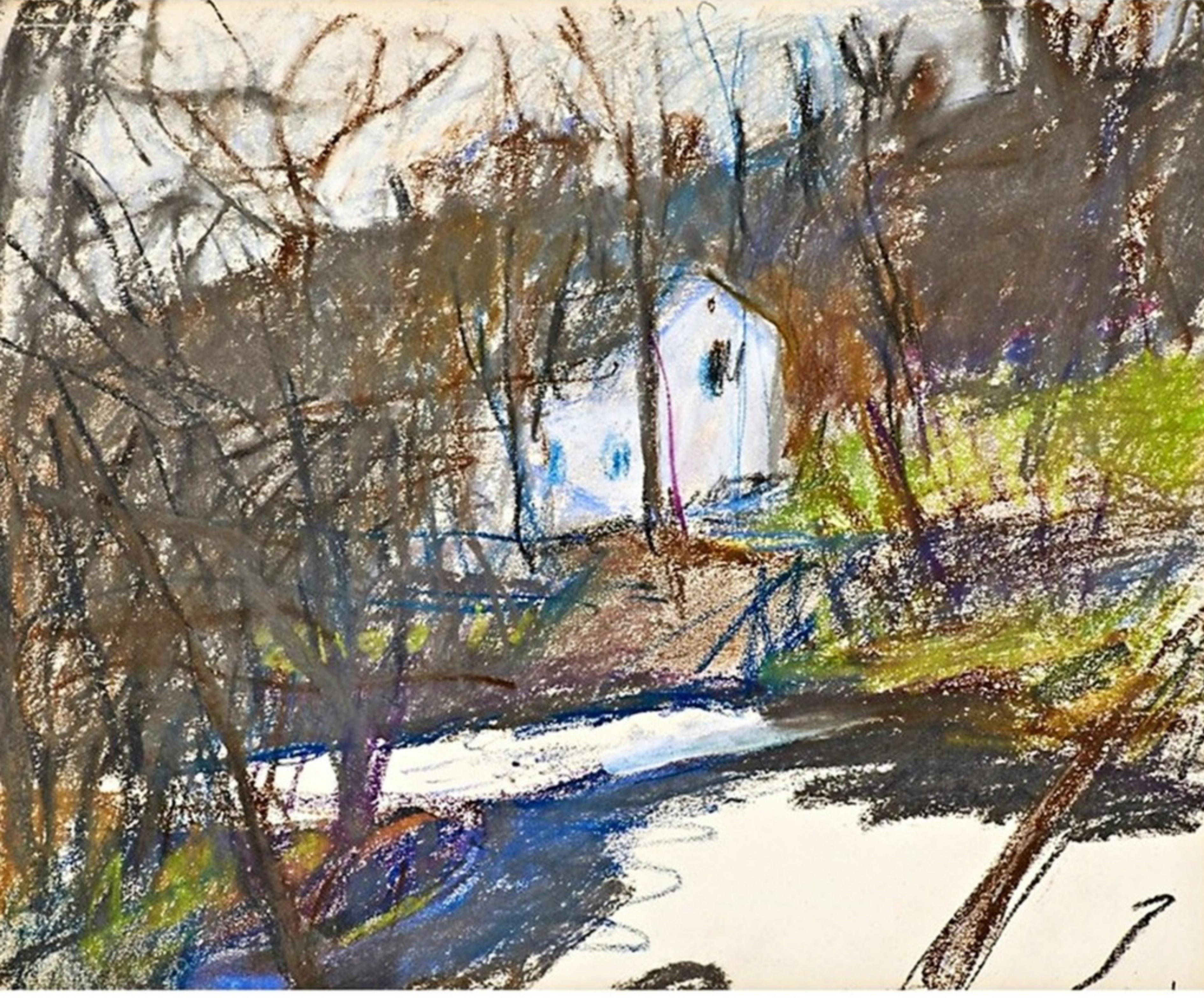 Wolf Kahn Landscape Painting - Barn in wooded landscape, unique signed pastel, from the Allan Stone Collection 