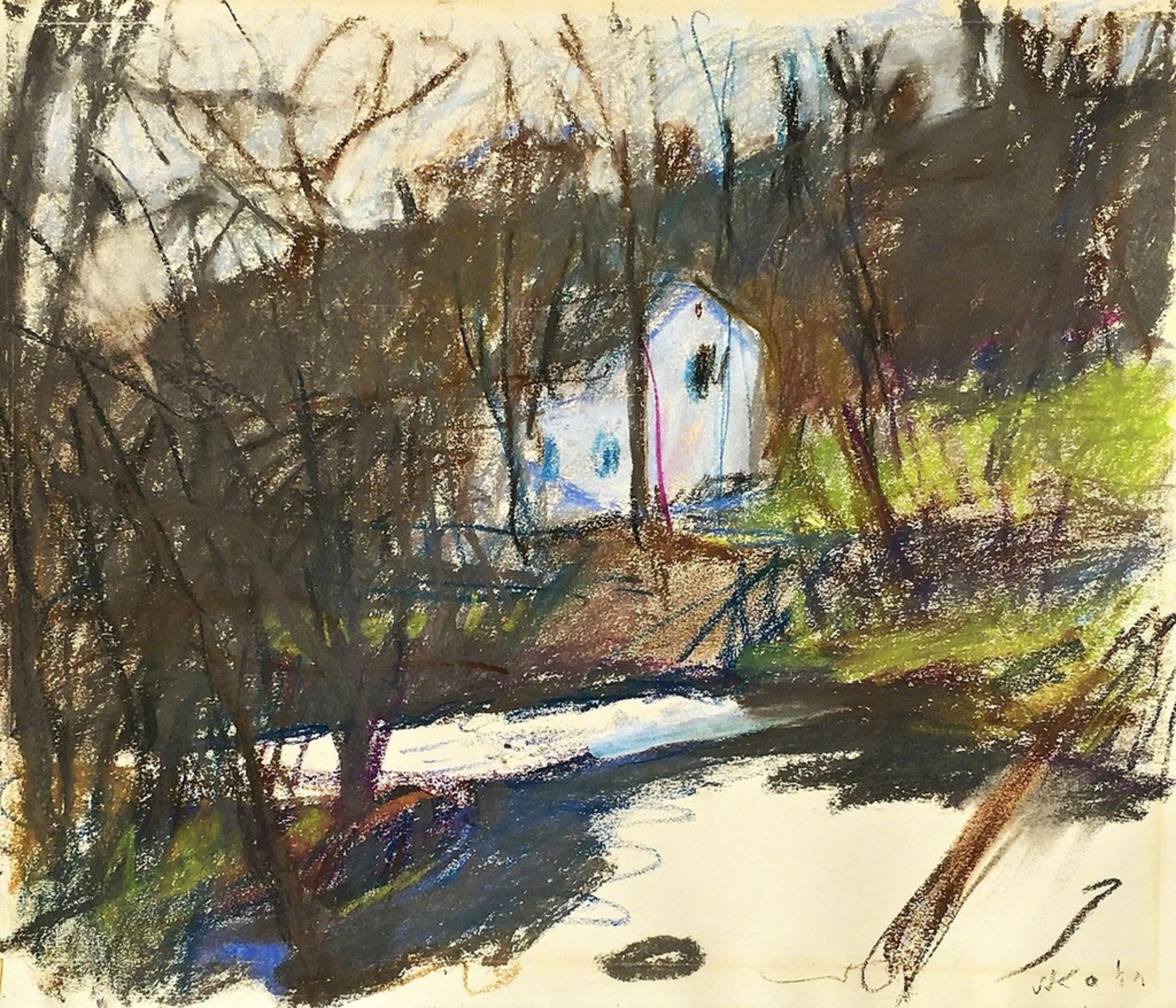 Barn in wooded landscape, unique signed pastel, from the Allan Stone Collection  - Painting by Wolf Kahn