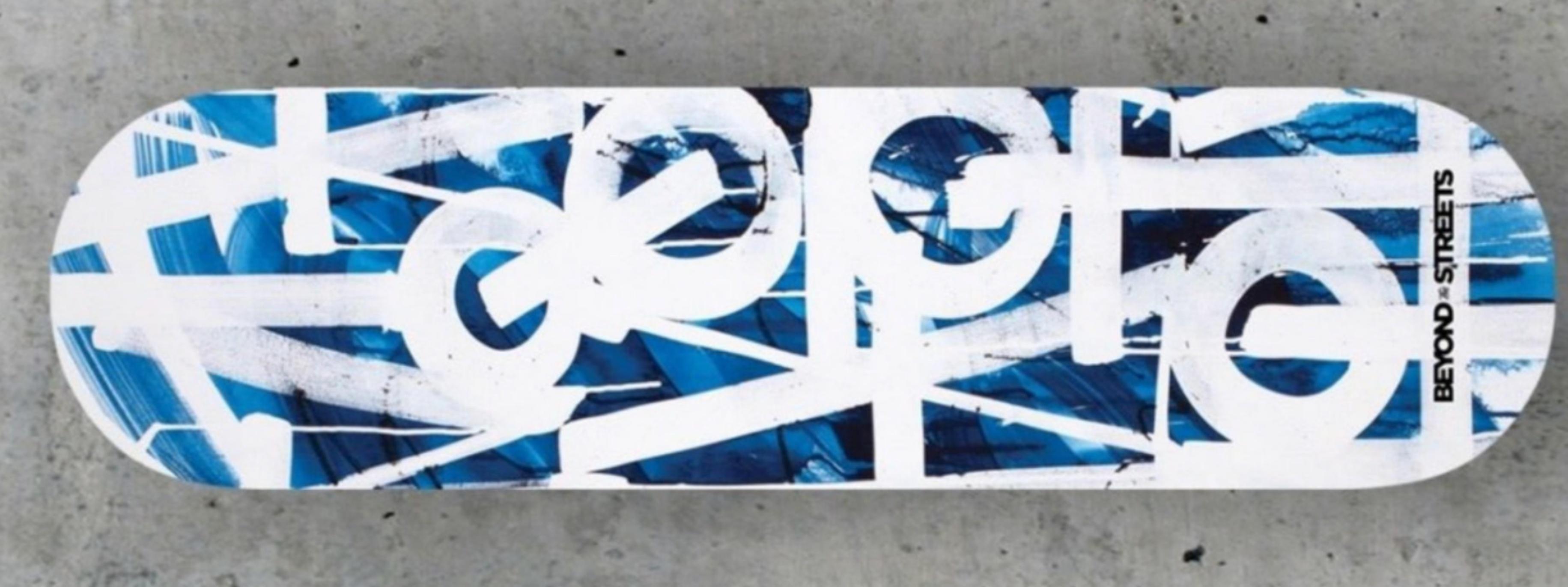 RETNA
Skateboard Skate deck (Blue with wood back) with COA hand signed by RETNA, 2018
Silkscreen on Maplewood skate deck. Accompanied by Hand signed Certificate of Authenticity on Embossed Letterhead.
Limited Edition of 100 
Separate embossed