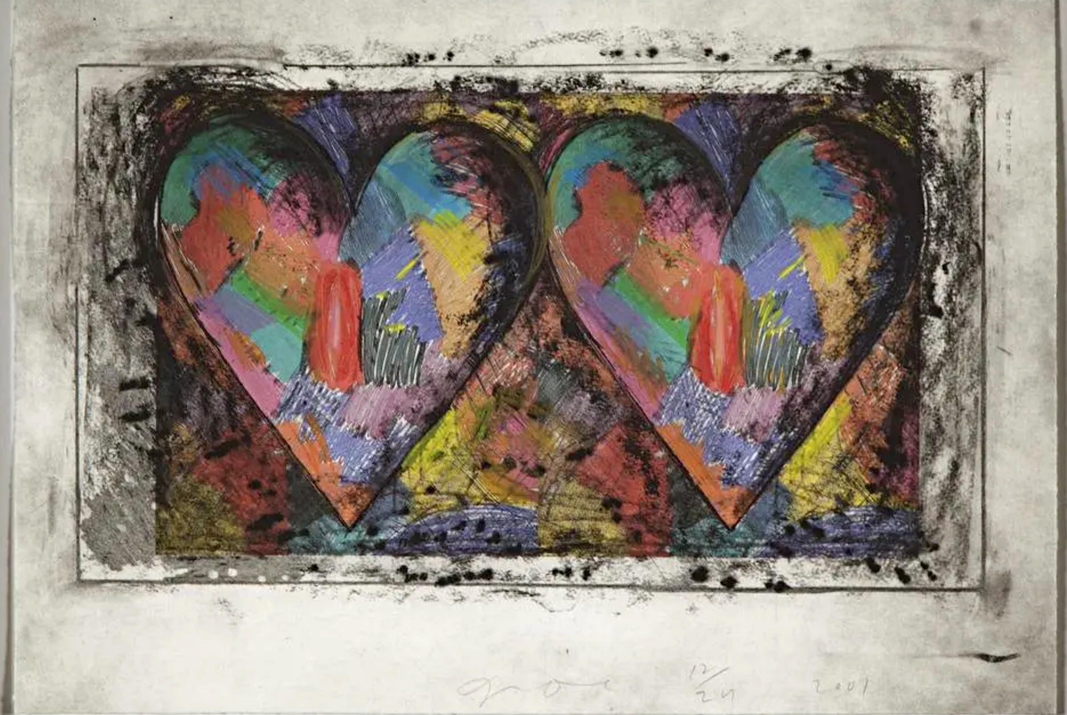 Two hearts with hand coloring in oil stick, signed & numbered (unique variation) - Art by Jim Dine