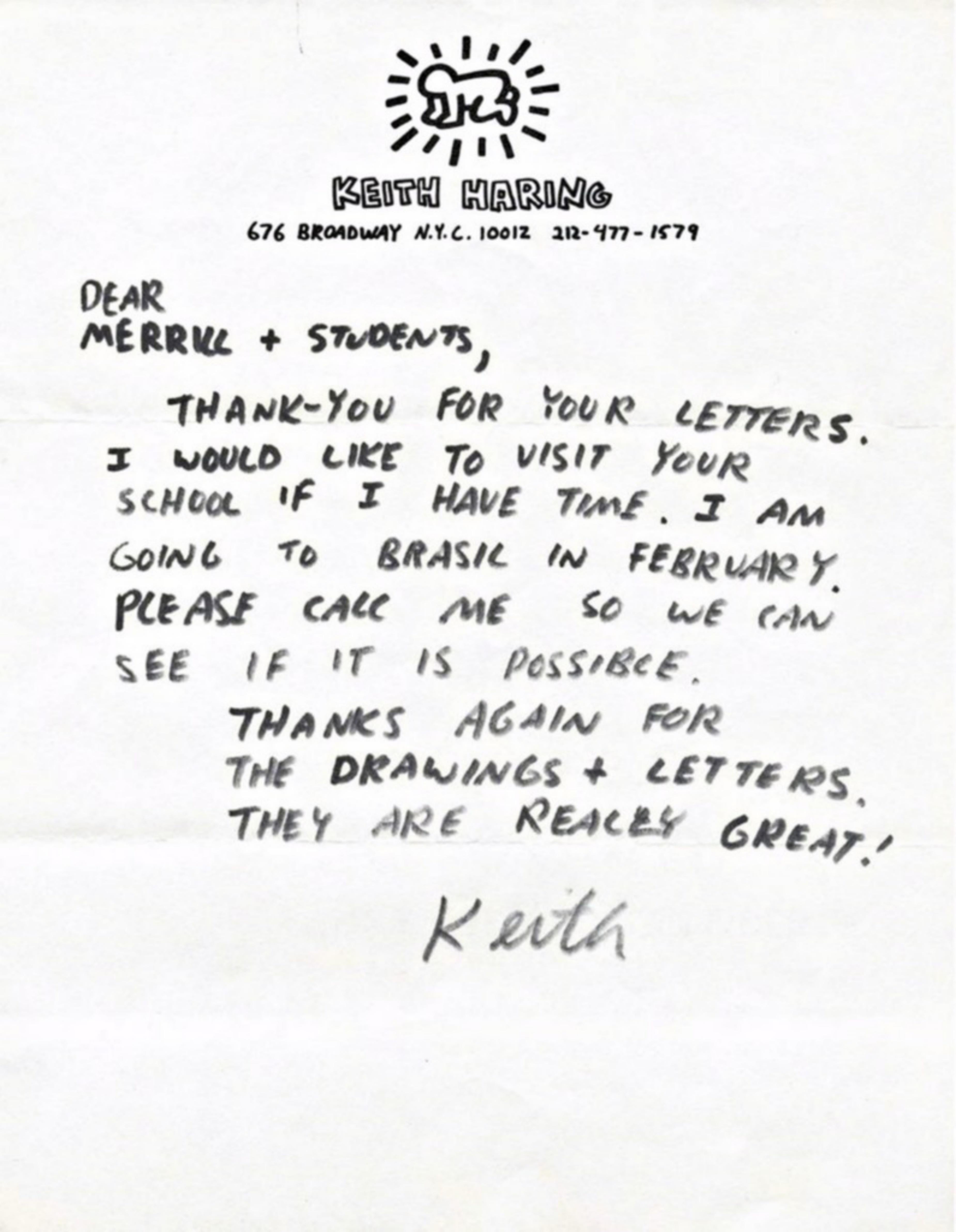 Keith Haring
Lettre originale manuscrite, signée à la main, ca. 1987
Encre sur papier à en-tête privé de Haring, écrit et signé à la main par Keith Haring
11 × 8 1/2 pouces
Non encadré
Pièce unique et originale : charmante lettre manuscrite et