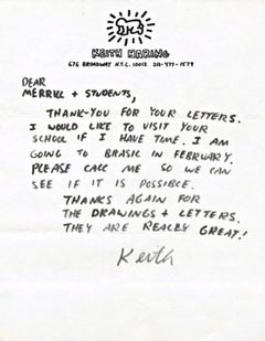 Carta de agradecimiento original manuscrita, firmada a mano por Keith Haring en papel con membrete