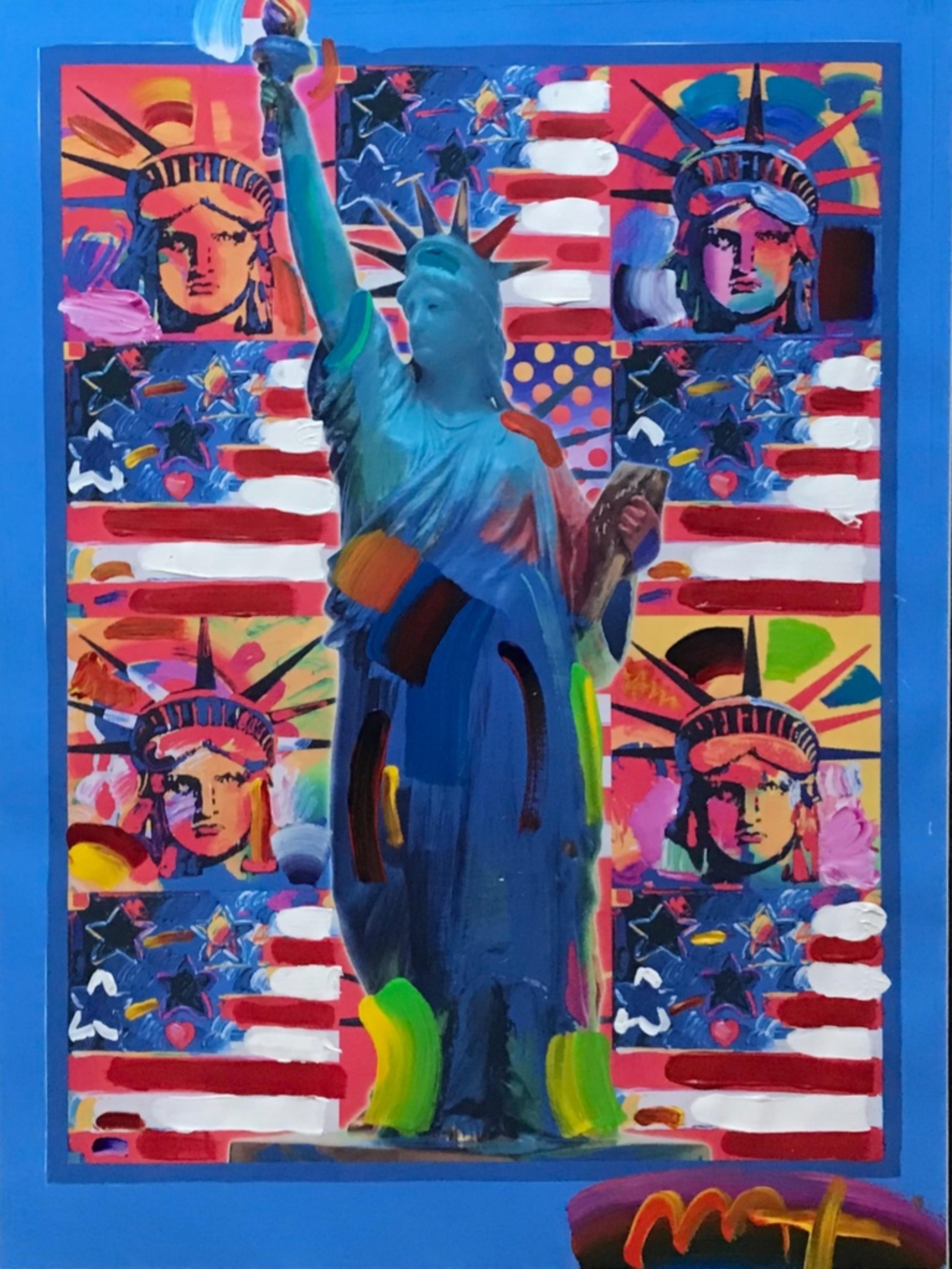 God Bless America II, einzigartiges Gemälde (handsigniert zweimal) mit Freiheitsstatue – Mixed Media Art von Peter Max