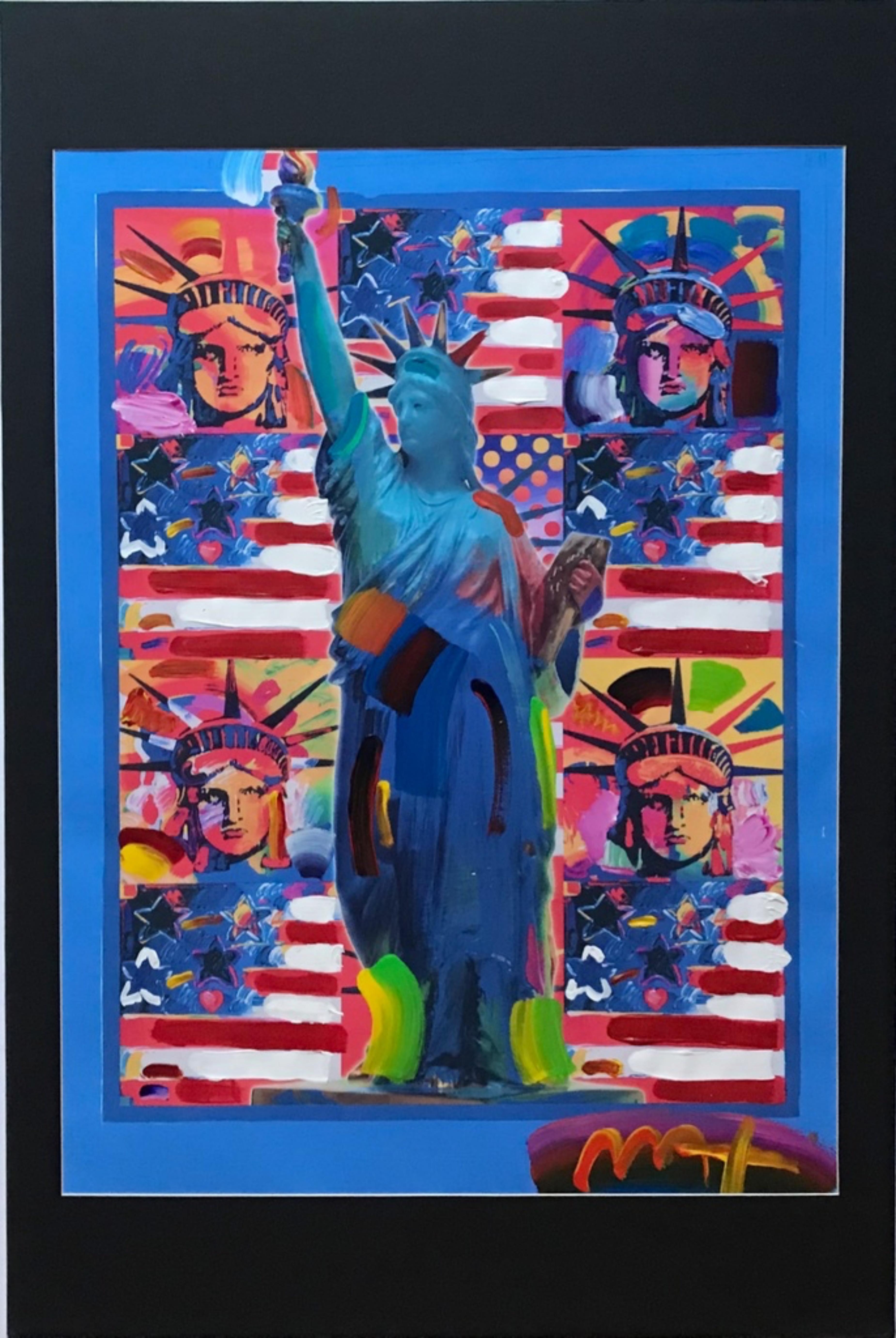 God Blessing America II peinture unique (signée deux fois) avec Statue de la Liberté - Pop Art Mixed Media Art par Peter Max