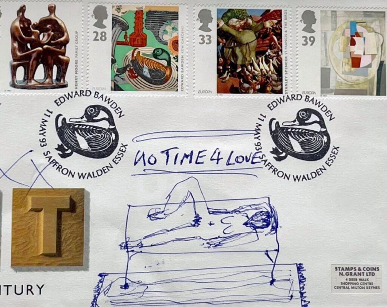 No Time 4 Love, dessin original à l'encre signé et titré sur couverture Royal Mail 1st Day - Contemporain Art par Tracey Emin