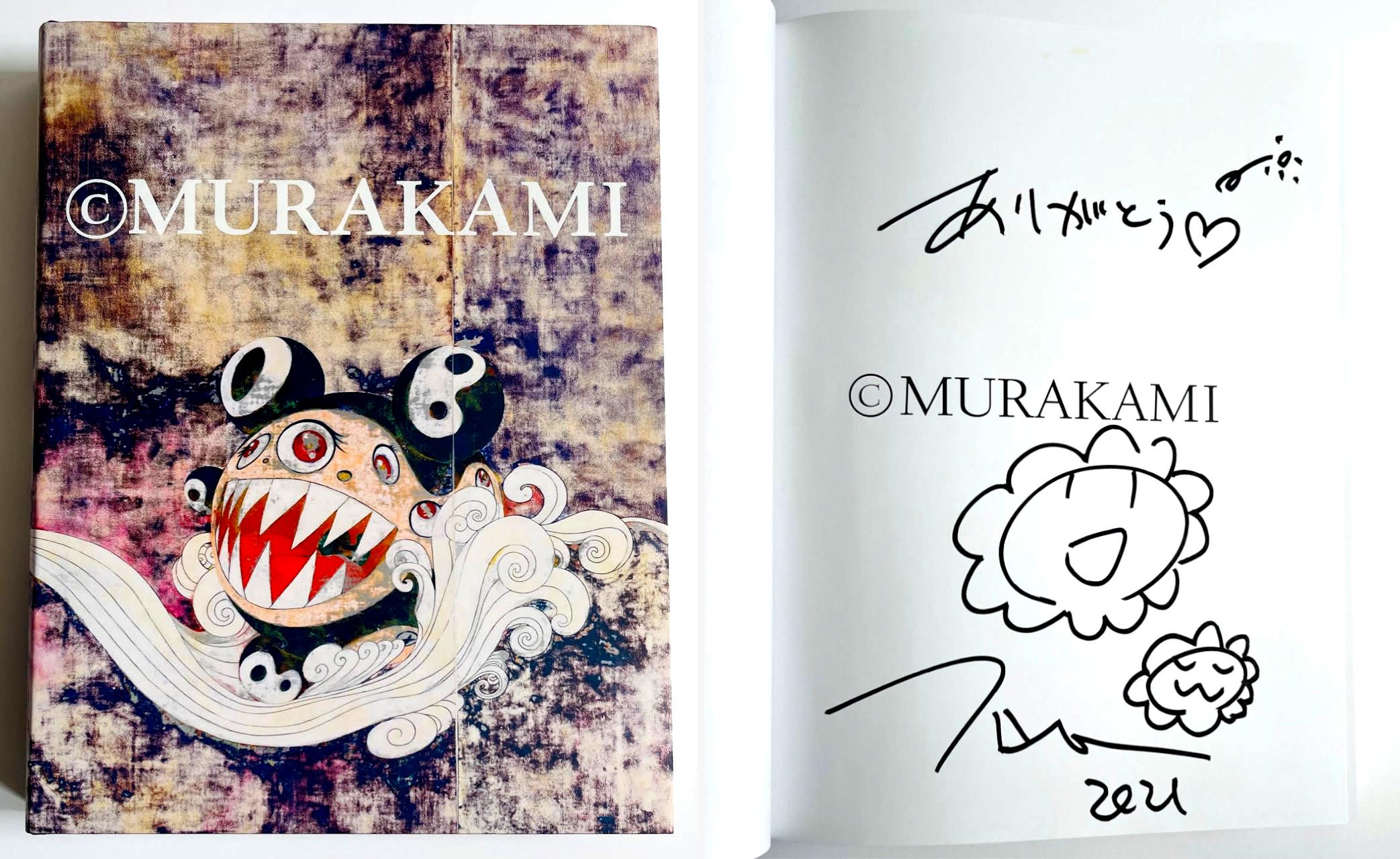 Takashi Murakami Abstract Drawing – Original signierte Zeichnung in Buch, Zwei Blumen mit Herz, beschriftet in Japanisch 