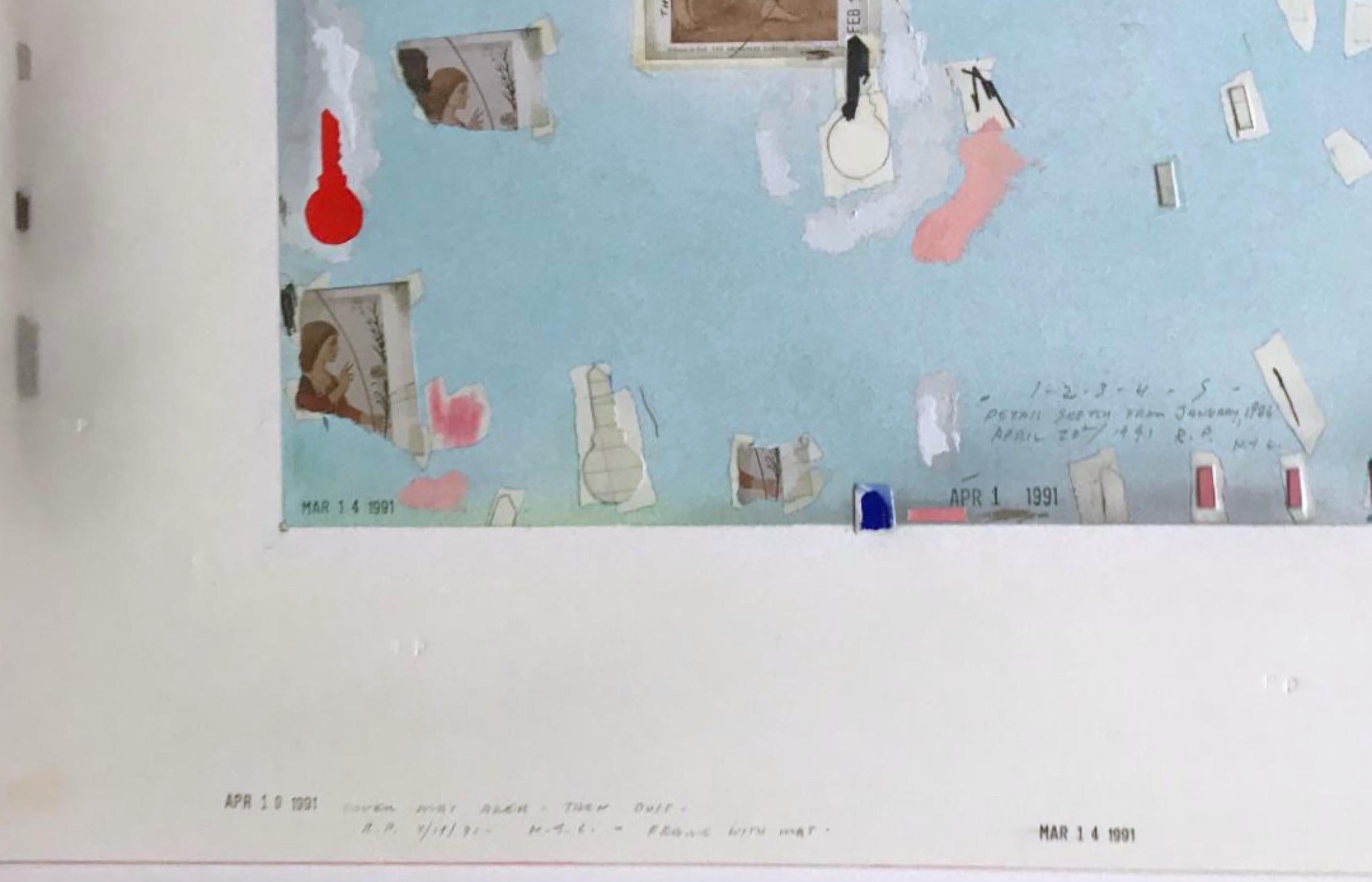 Robert Petersen
Detail Skizze vom Januar 1986, 1991
Reine Pigmentcollage, Acrylmalerei und Zeichnung
Vom Künstler handsigniert, handsigniert, handinitialisiert, kommentiert, handschriftlich datiert und mit Datumsstempel versehen sowie vom Künstler