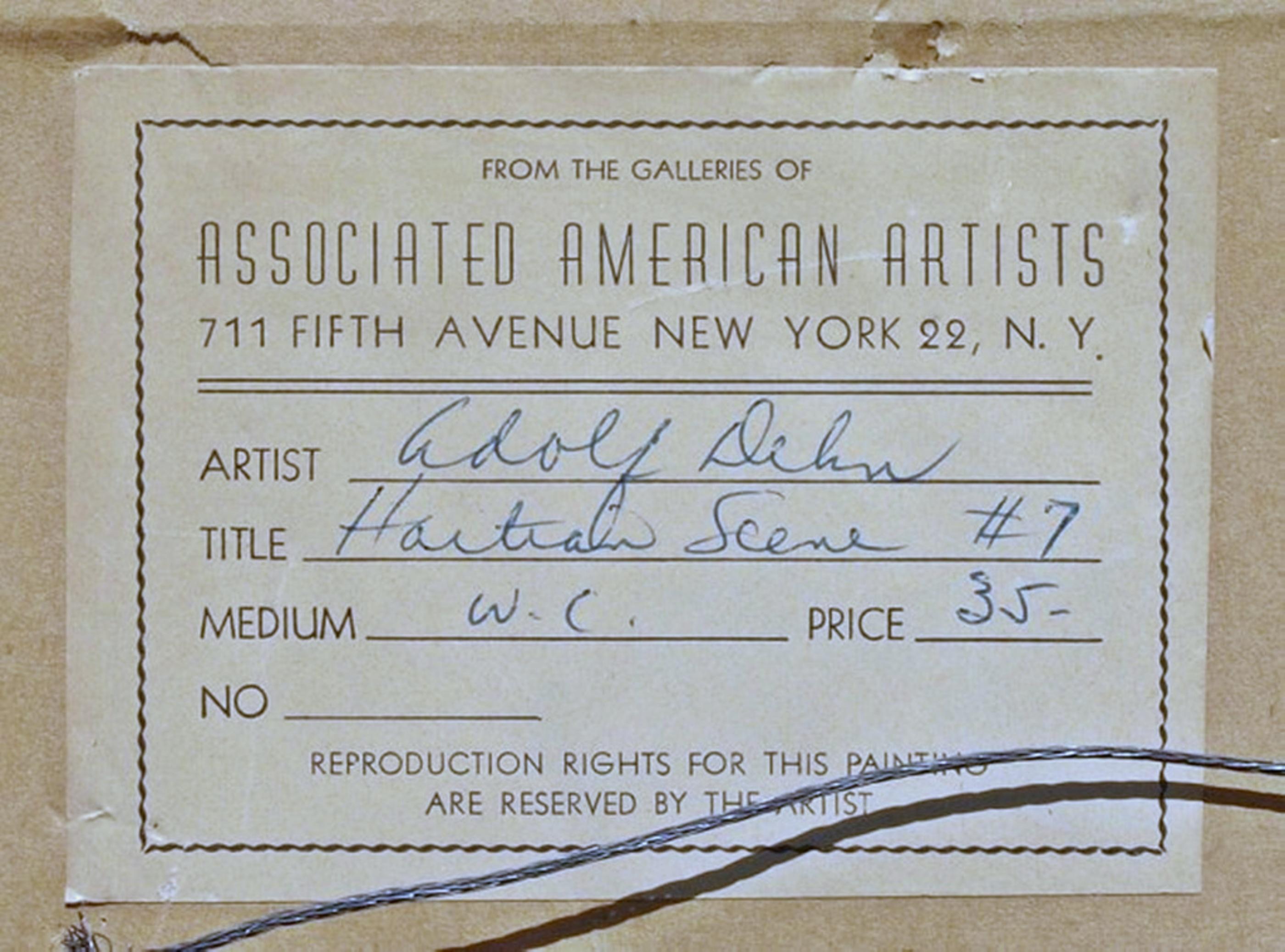 Adolf Arthur Dehn
Scène haïtienne n° 7, vers 1951
Aquarelle gouachée, signée à la main ; encadrée avec l'étiquette de la AAA Gallery au verso
Signé au recto et portant l'étiquette originale au verso de la galerie de longue date de Dehn, la